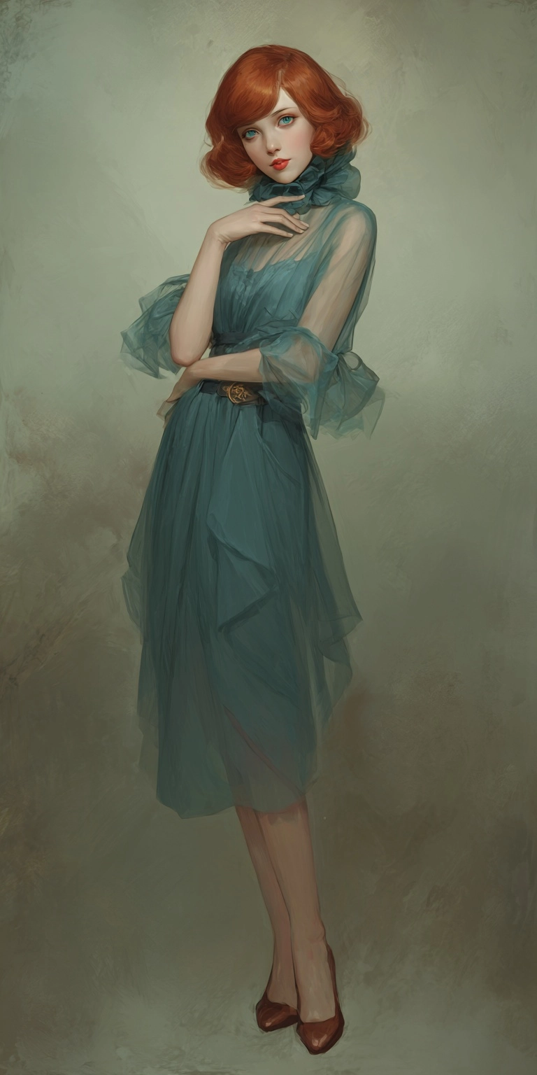 Art Noveau styled full body portraiture, woman in her early 30s with straight natural red hair