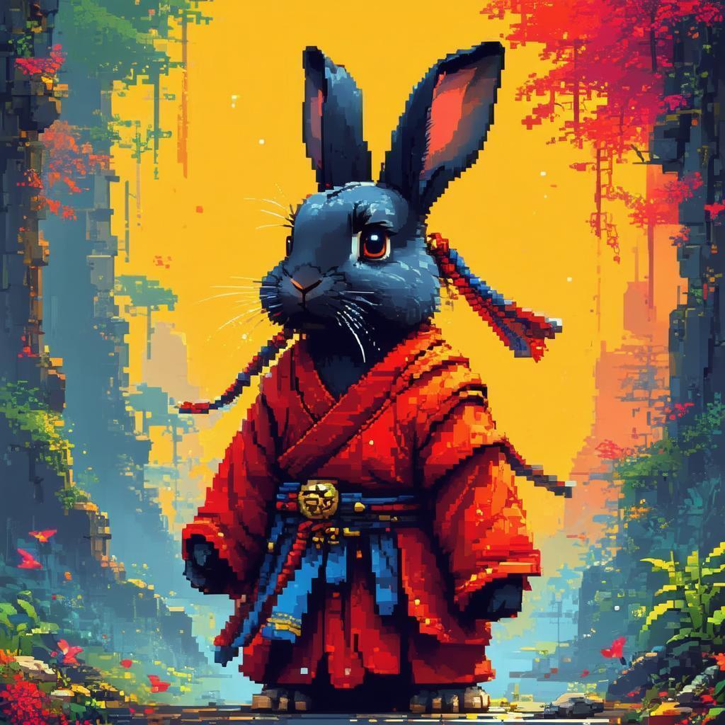 Black Rabbit Monk in Retro Pixel Portrait