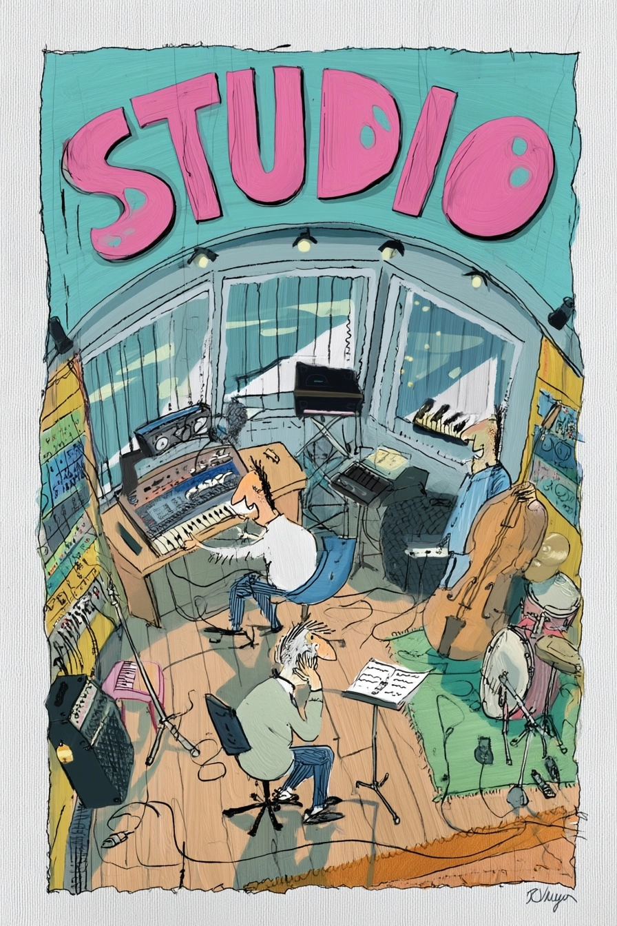 Create a poster for a musical show called " Studio " about a recording studio