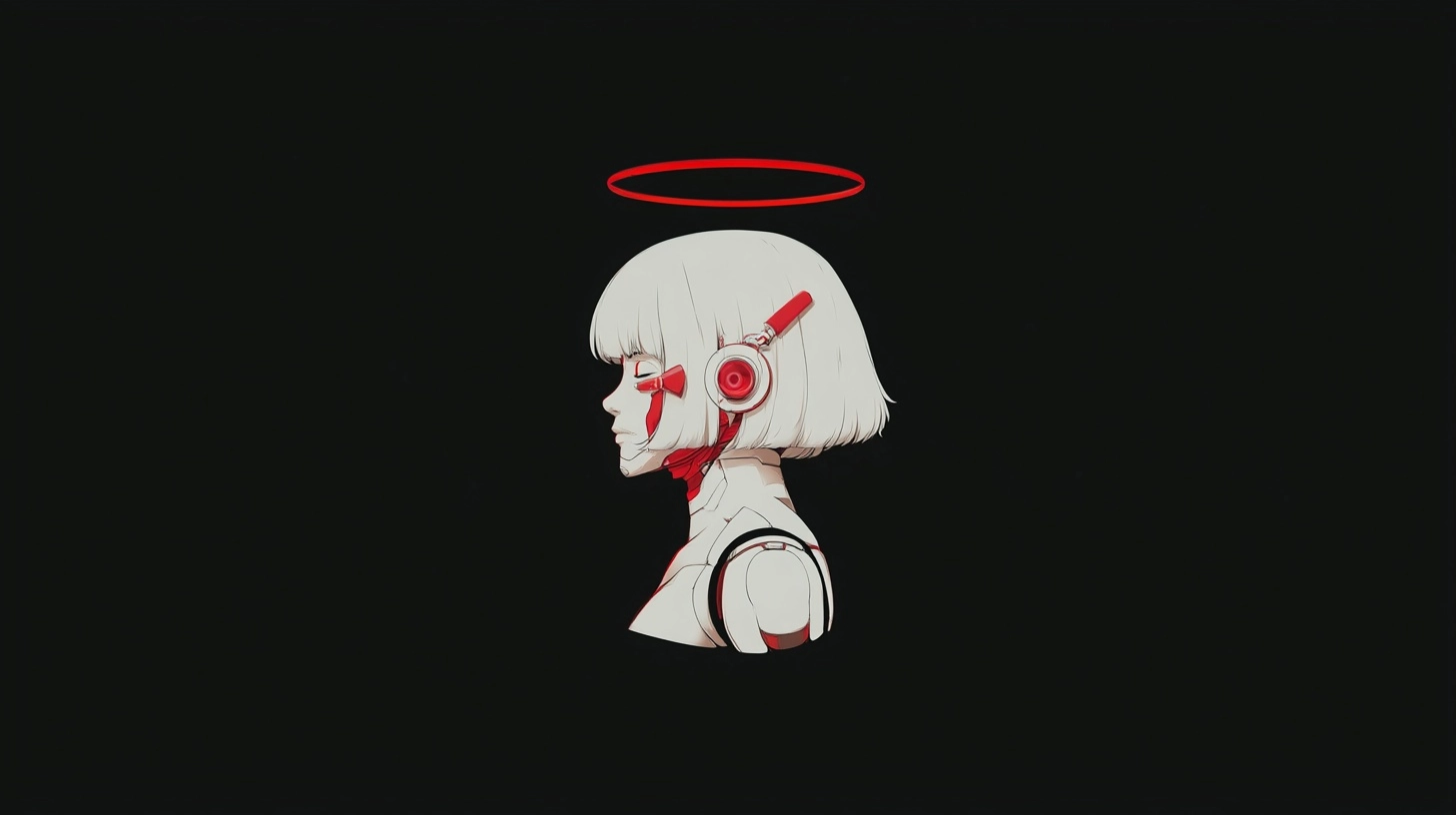 Black background, minimalist illustration of an anime-style female robot in profile with a halo