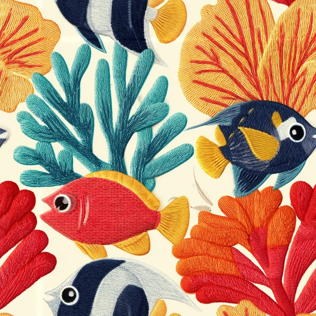Coral and tropical fish repeat pattern, okinawan ocean life motif, simplified shapes