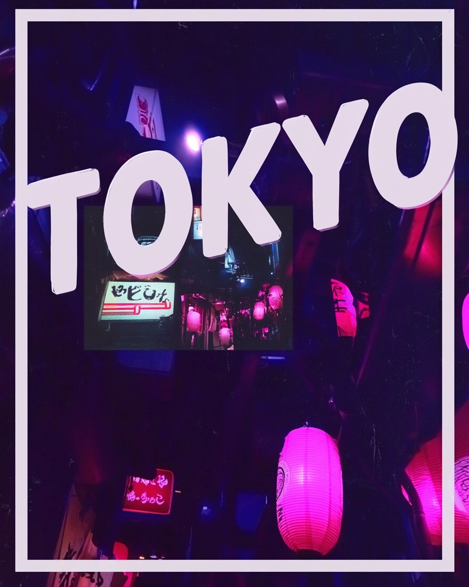 Bold high-impact collage poster design, large expressive "TOKYO" typography