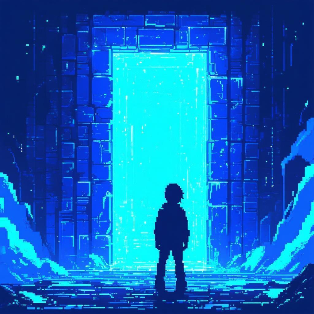 Pixel Figure Before a Glowing Blue Portal