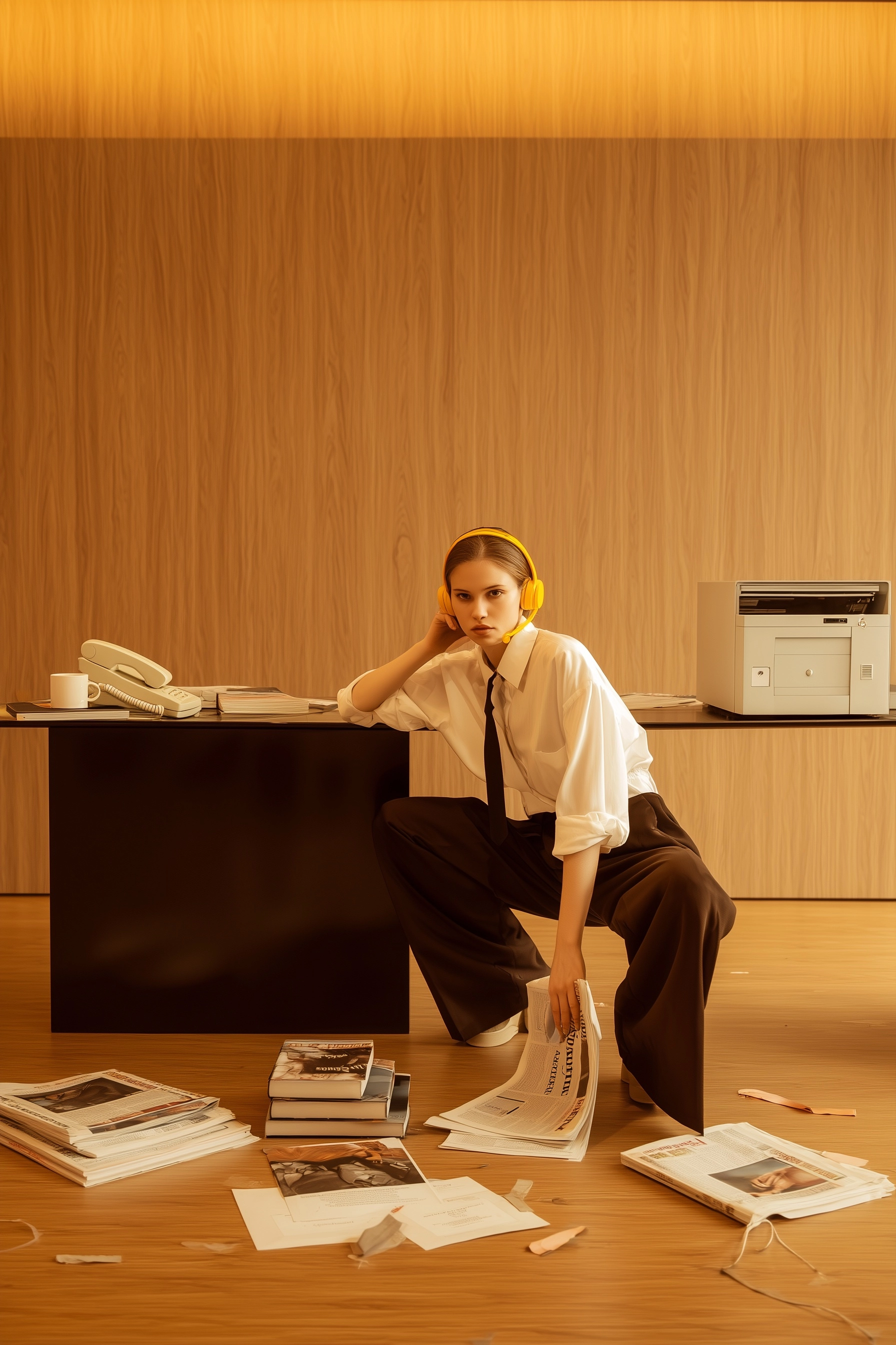 Cinematic fashion editorial office scene, minimalist studio with a warm wooden wall background