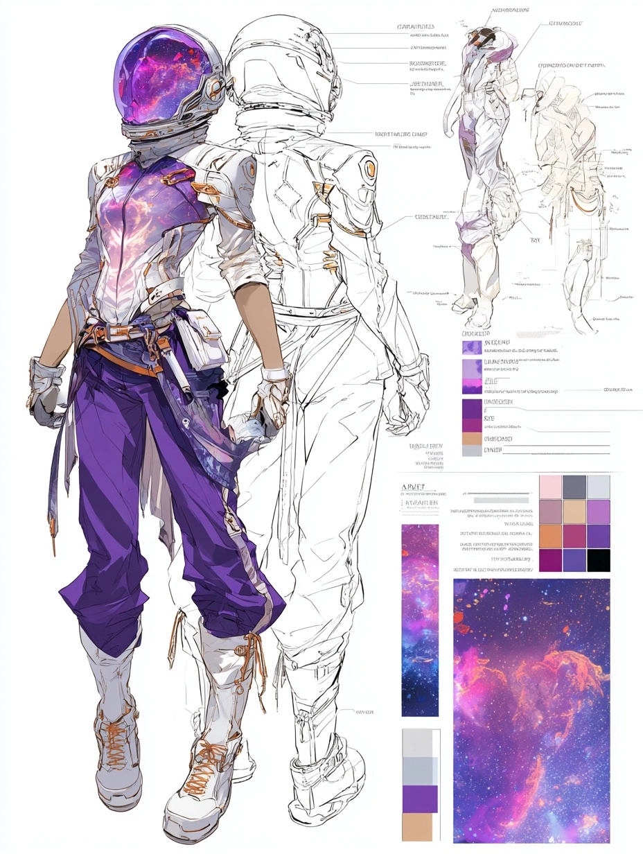 Astronaut inspired outfit, galaxy colors, astronaut helmet, fashion illustration