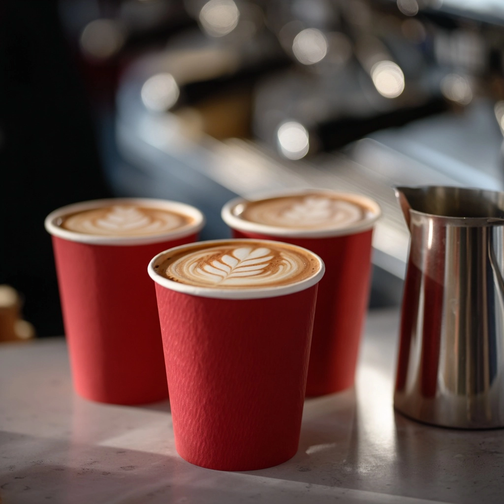 Close-up of a clean, organized café counter with three identical red paper takeaway coffee cups (no
