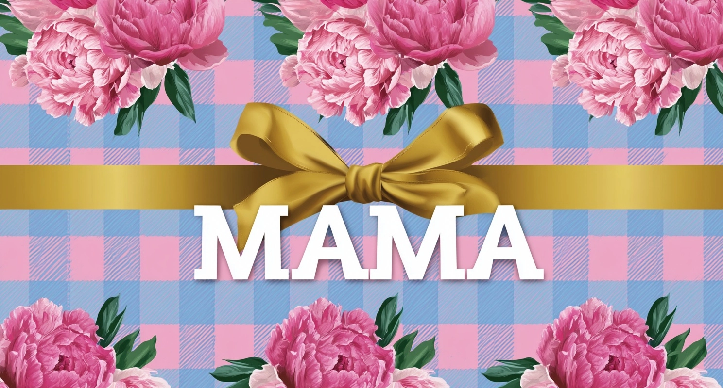 Colorful pink and blue gingham pattern, with peonies in the background