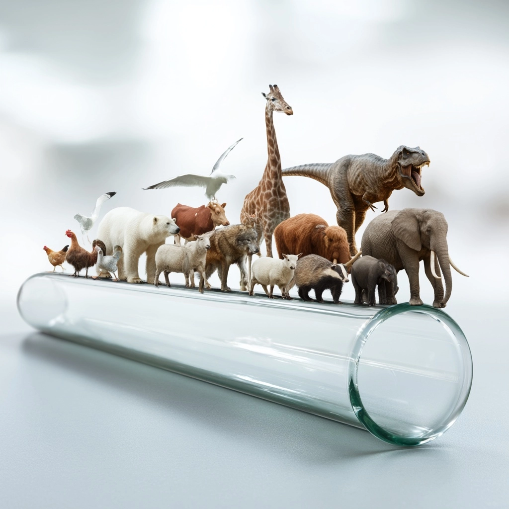 Create a photorealistic photo. On a tabletop in a high-tech laboratory lies a huge, long