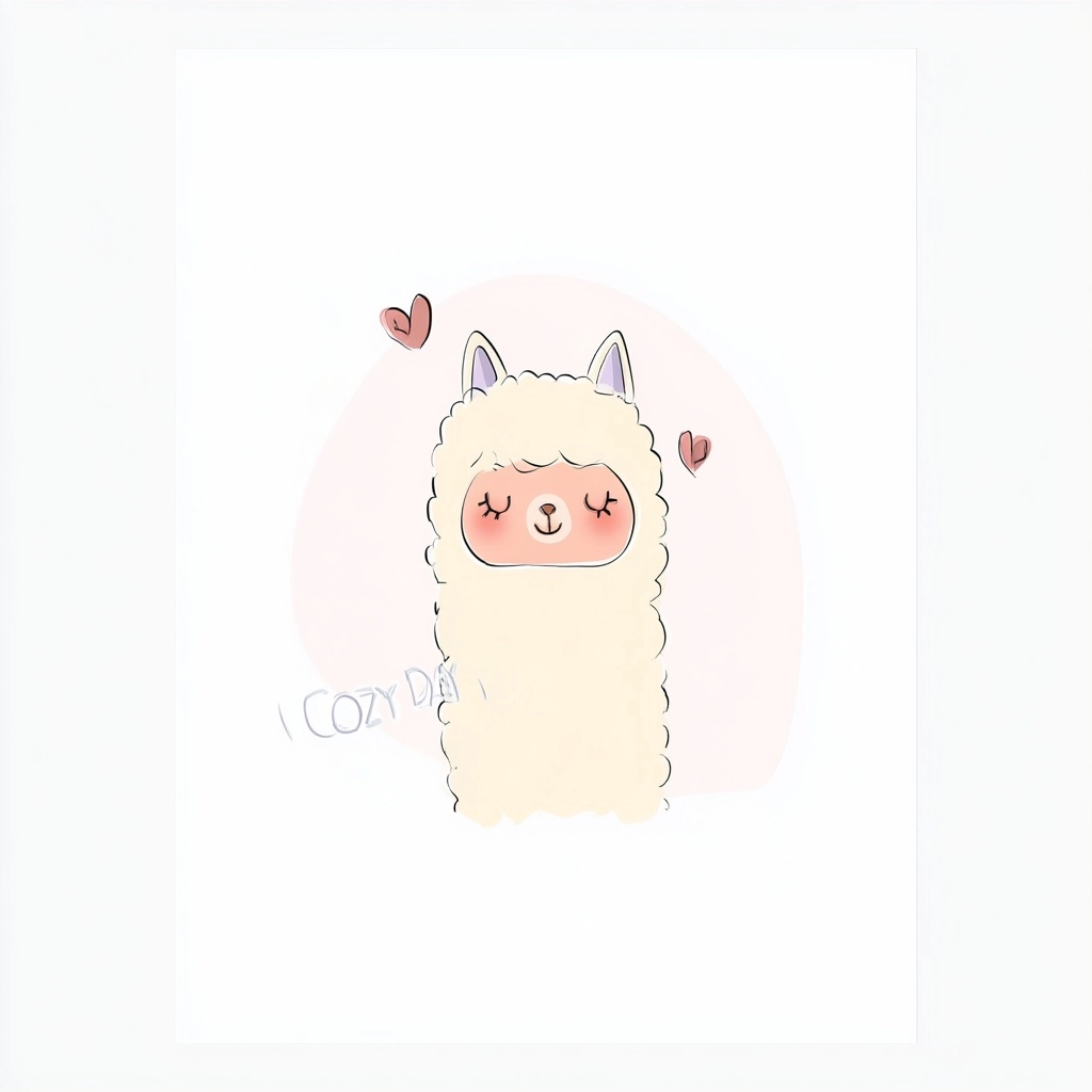 Cute alpaca with closed eyes, calm peaceful expression, naive sketch style