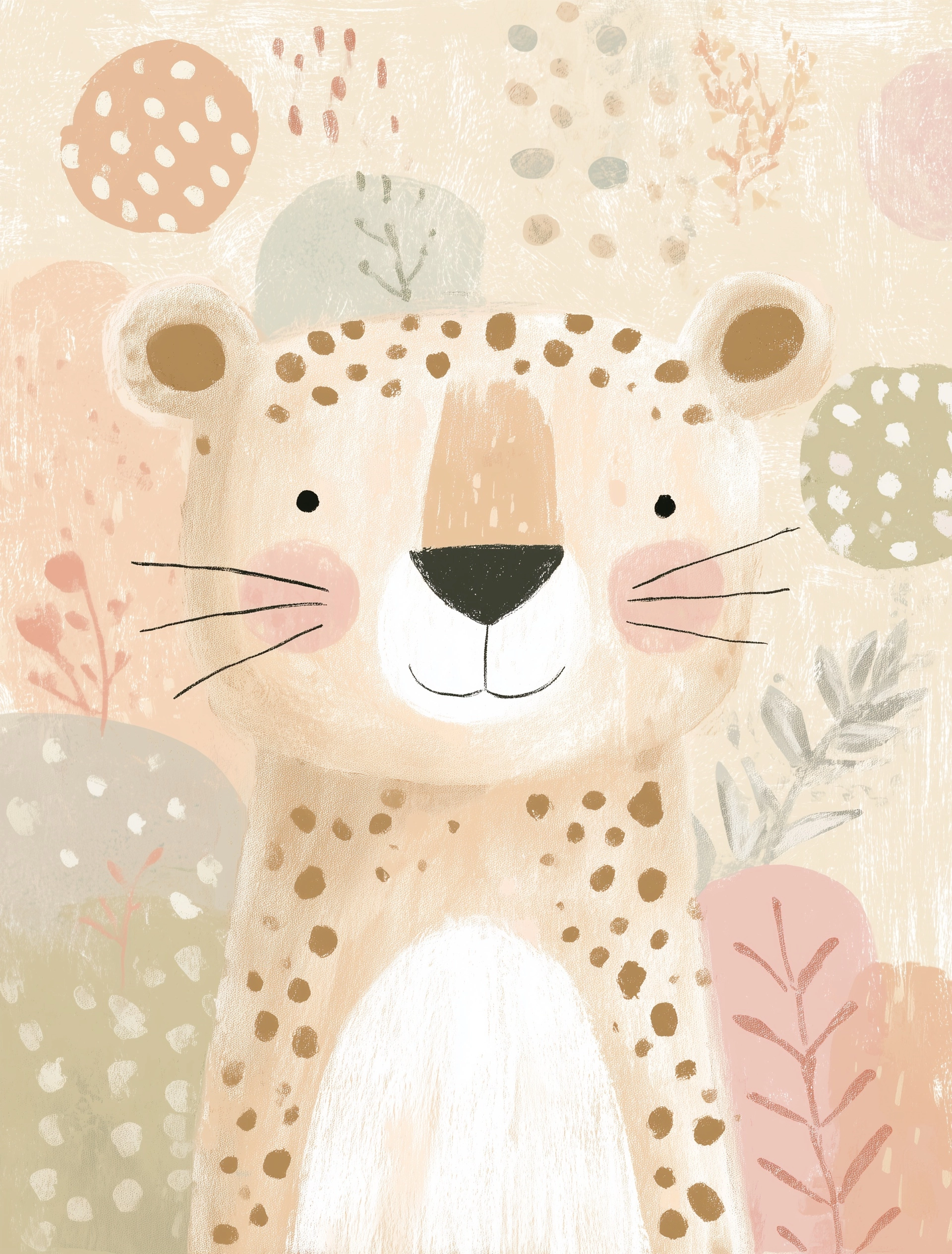 Cute cheetah illustration, in pastel colors, with a childish style, simple shapes