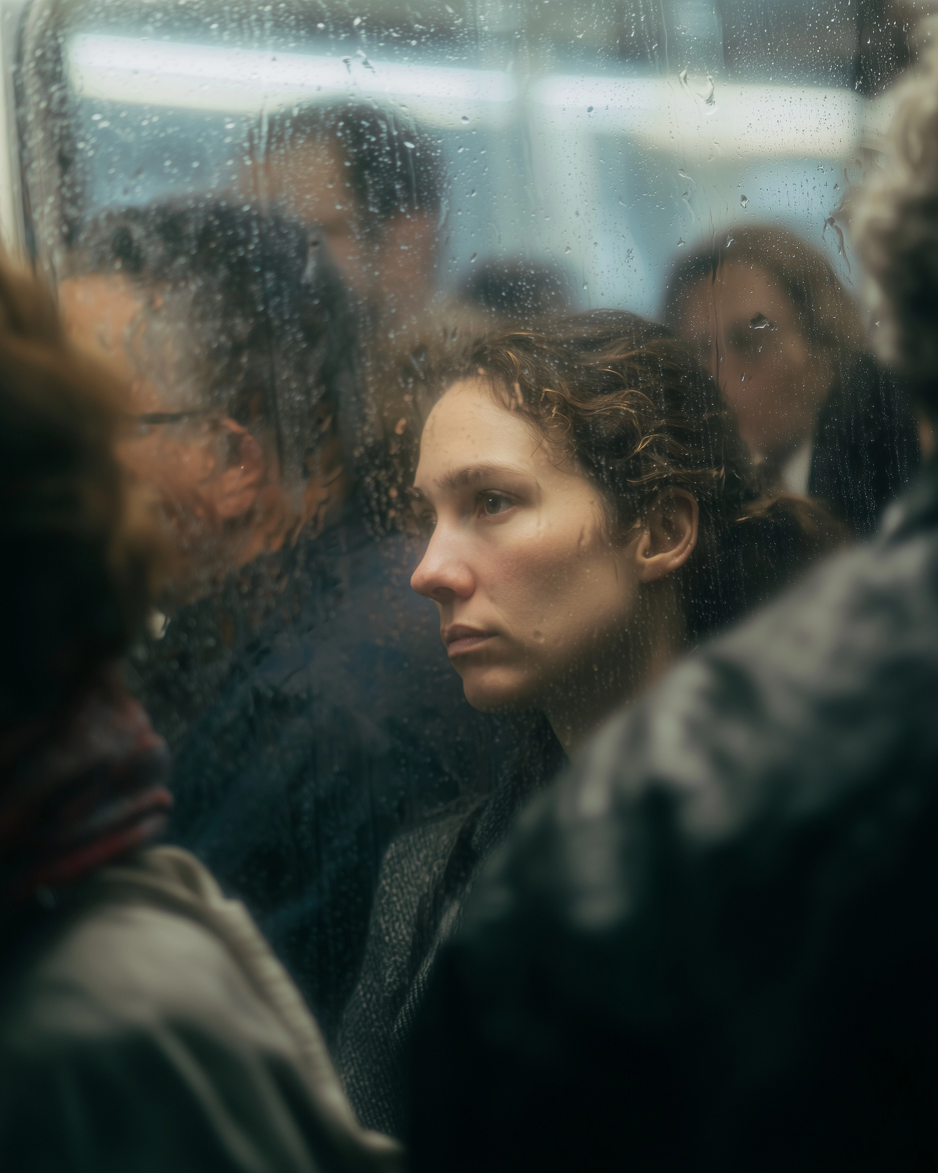 Distant shot, centered, crowded standing people on chicago train seen through train window
