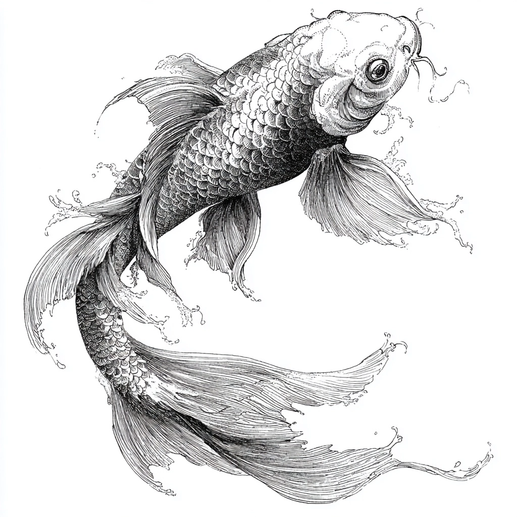 Drawing of a Koi carp a fairy-tale style , in black and white