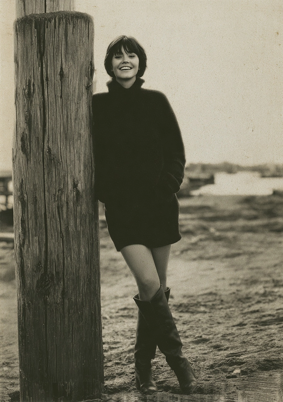 Full-body portrait of a smiling woman, emma, wearing a thick black wool sweater, knee-high boots