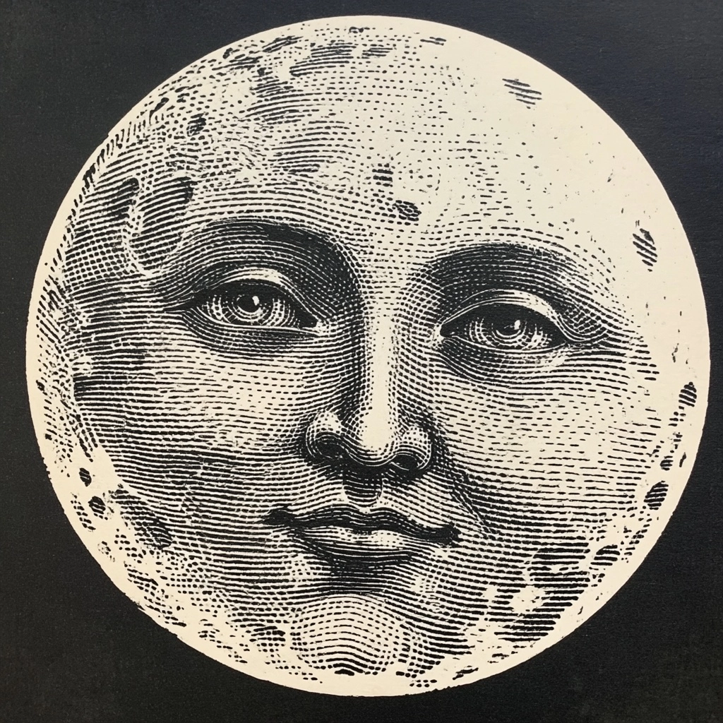 Full moon face image, as if from a 1940s wall calendar. black on pure white drawing.