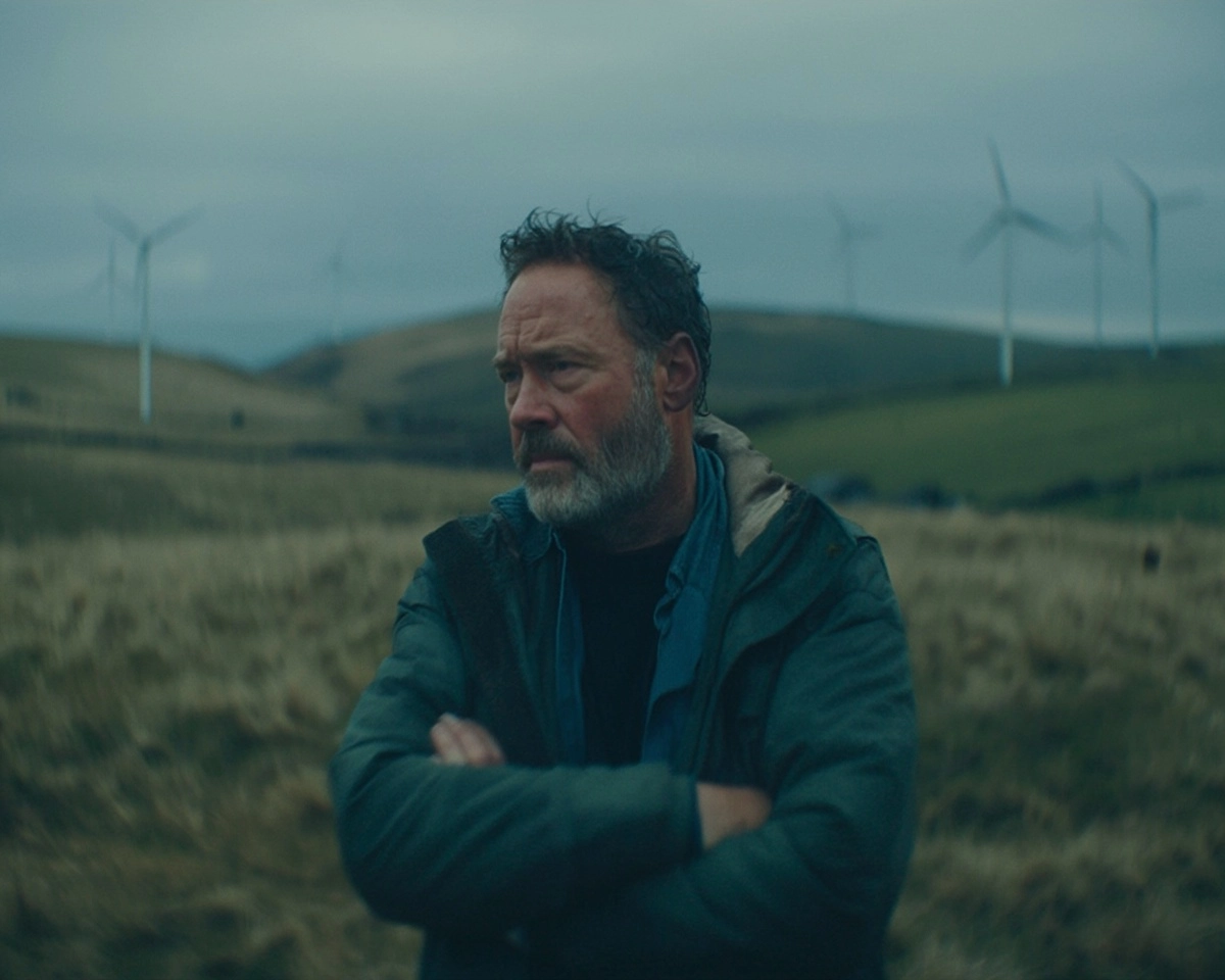 Handheld Shakey footage, the man looks out into the hills. the windmills slowly turn