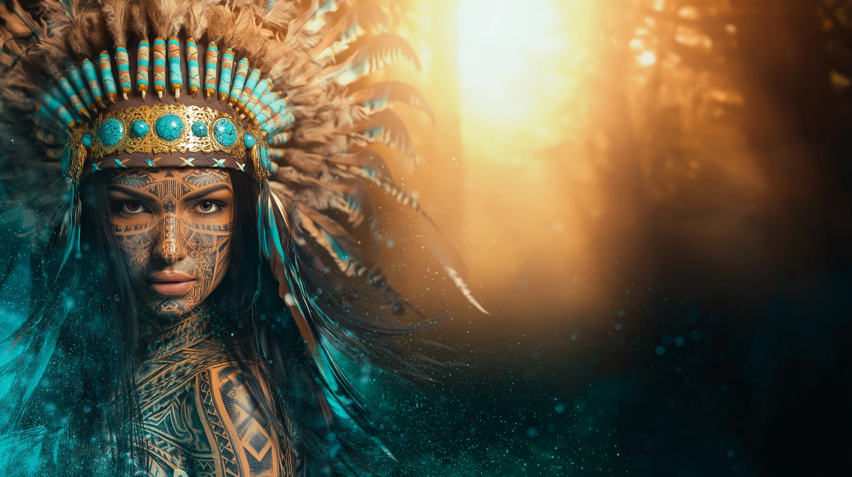 Hyper-realistic Native American woman, long natural flowing black hair