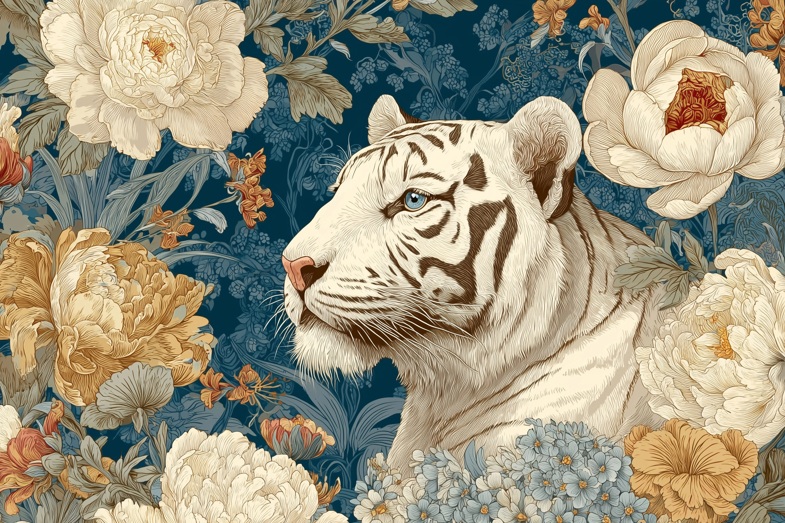 Illustration of tiger in white, a vintage floral pattern, high in detail and resolution.