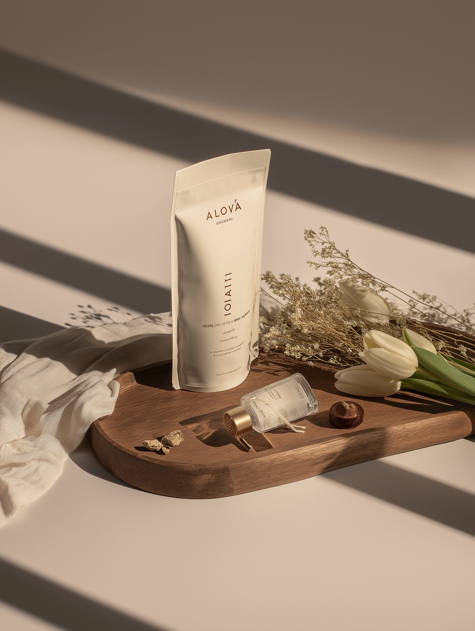 Minimal spring product photography, warm beige background