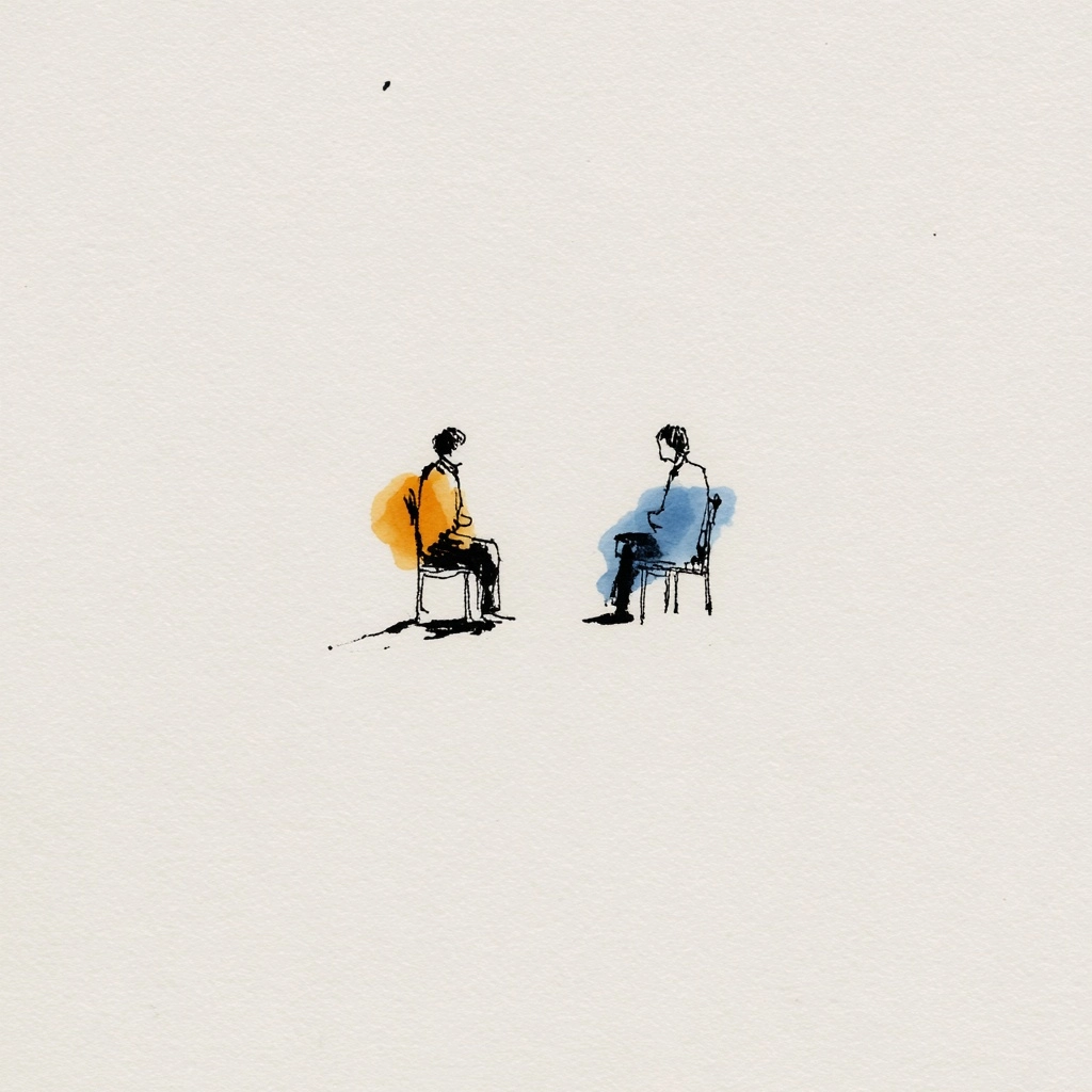 Minimalist ink illustration, clean and sparse. Two seated silhouettes facing each other