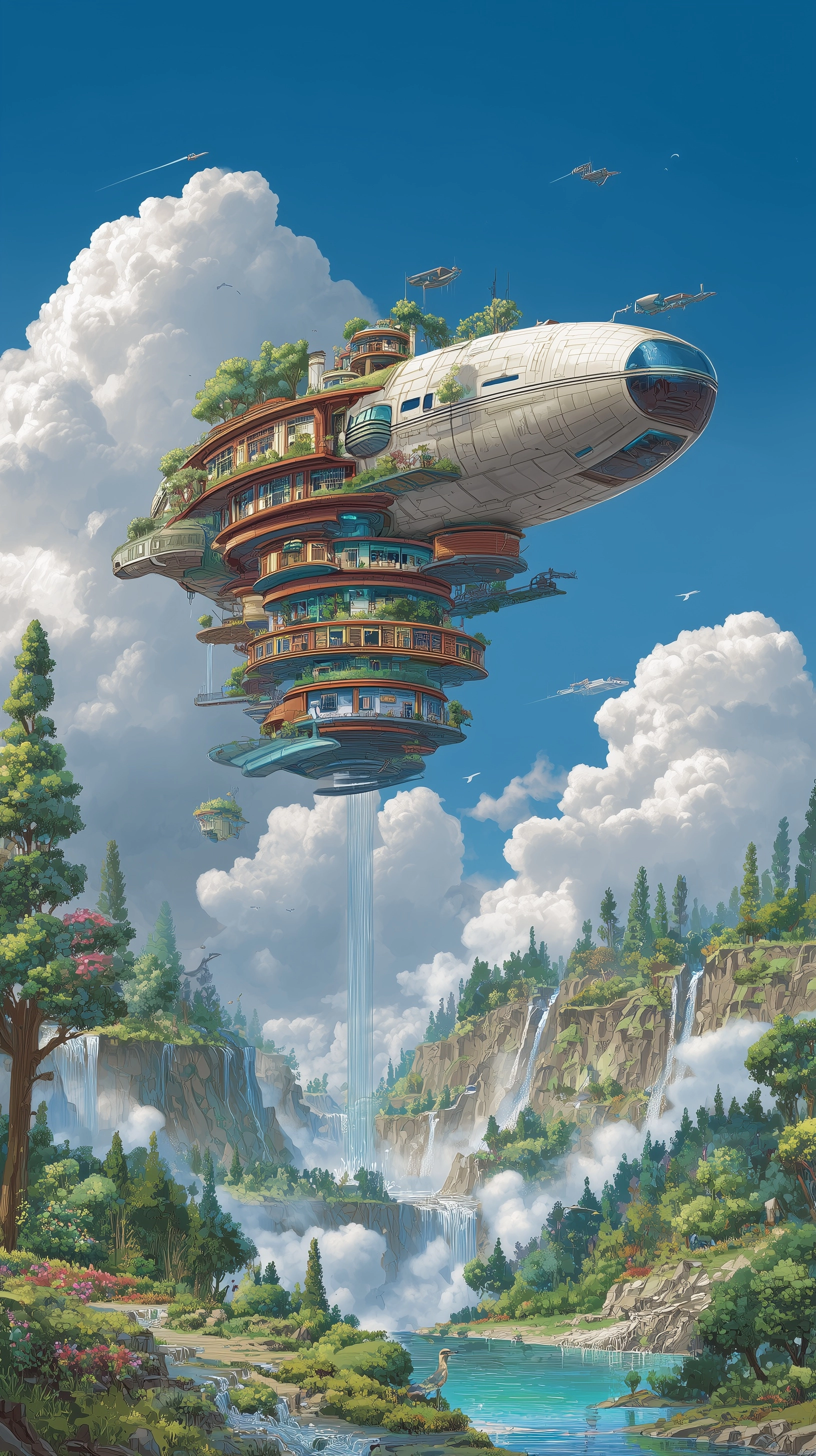 Illustration, Spaceship, Architecture, Pastoral, Lifestyle, Ocean, Spiral, Colorful, Sky