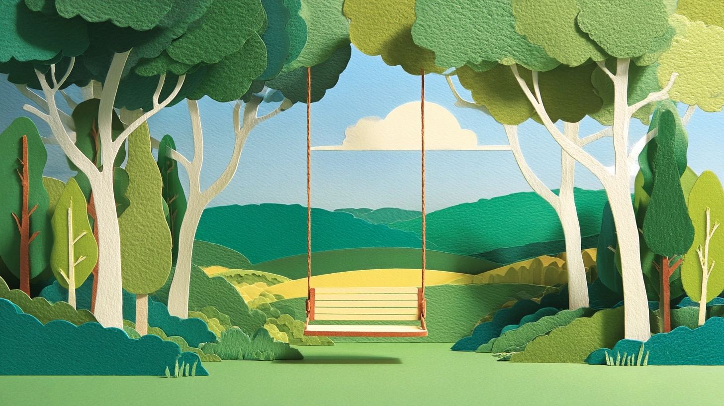 Paper Cut Illustration, Playground background, 1 empty swing, green grass and trees, daytime