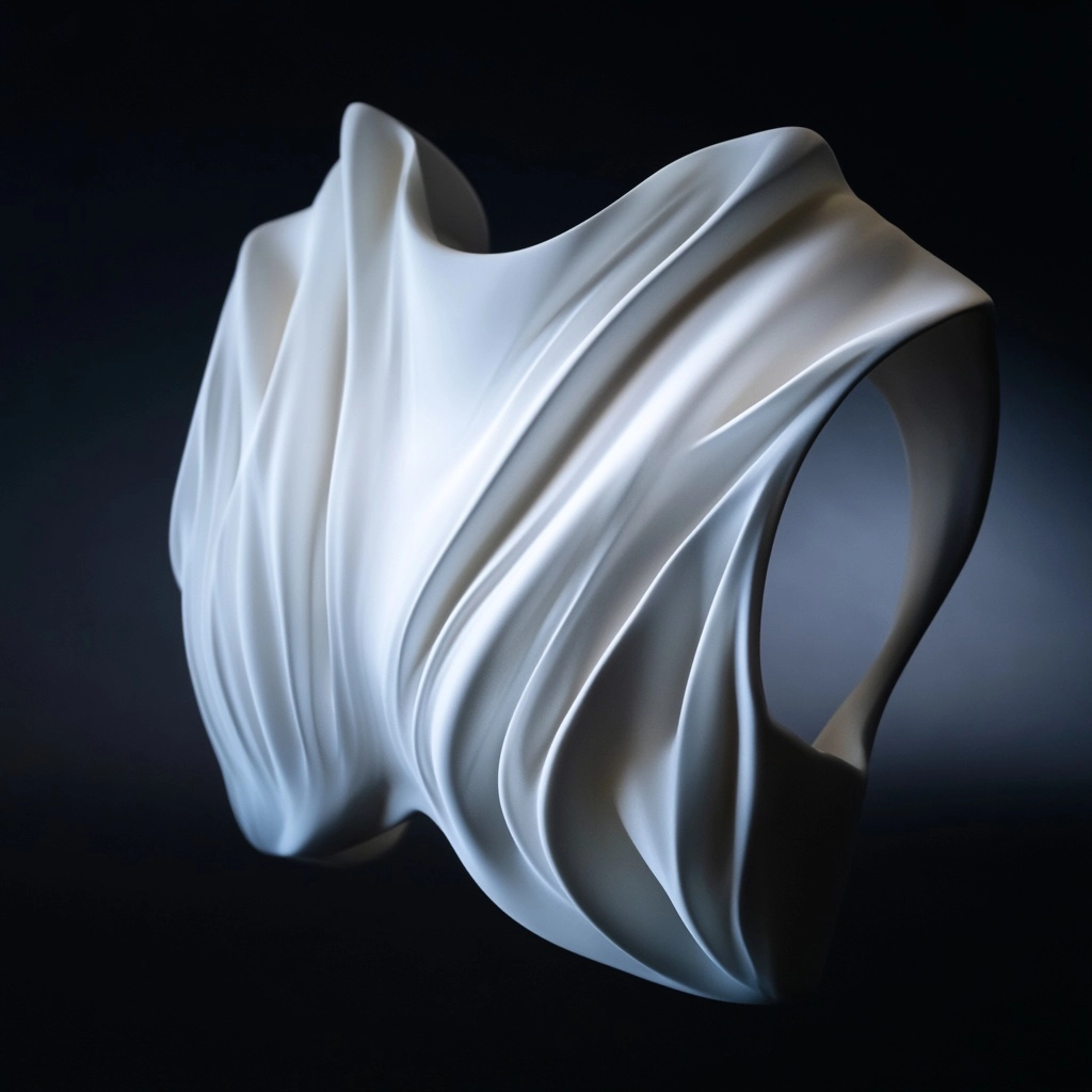 Parametric wearable chest sculpture, 3D printable jewelry, Zaha Hadid style, fluid curves