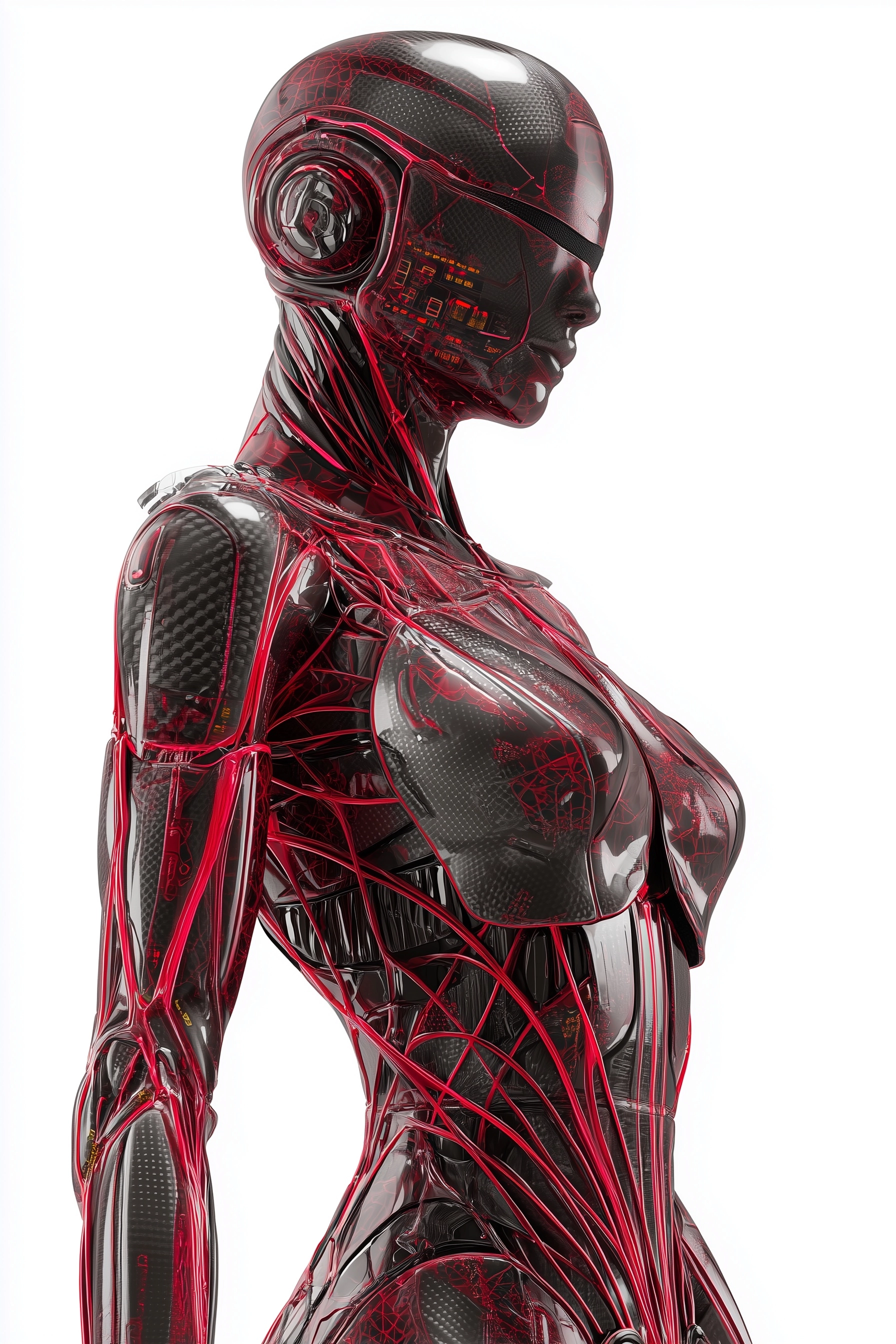 Photorealistic, ultra high detail, cybernetic female biomech body, intricate red energy veins