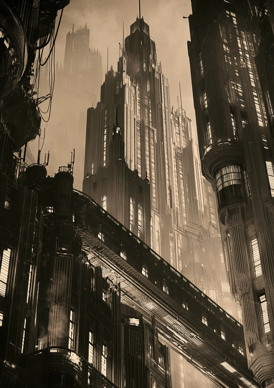 Retro futuristic buildings, dappled lighting, art deco metropolis, Blade Runner, sepia, film-noir