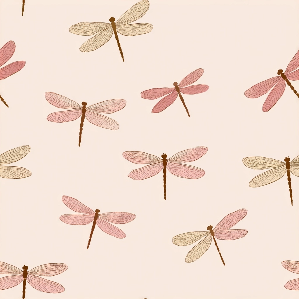 Simple minimalistic dragon flies with light pink - peachy wings, beige bodies, white background