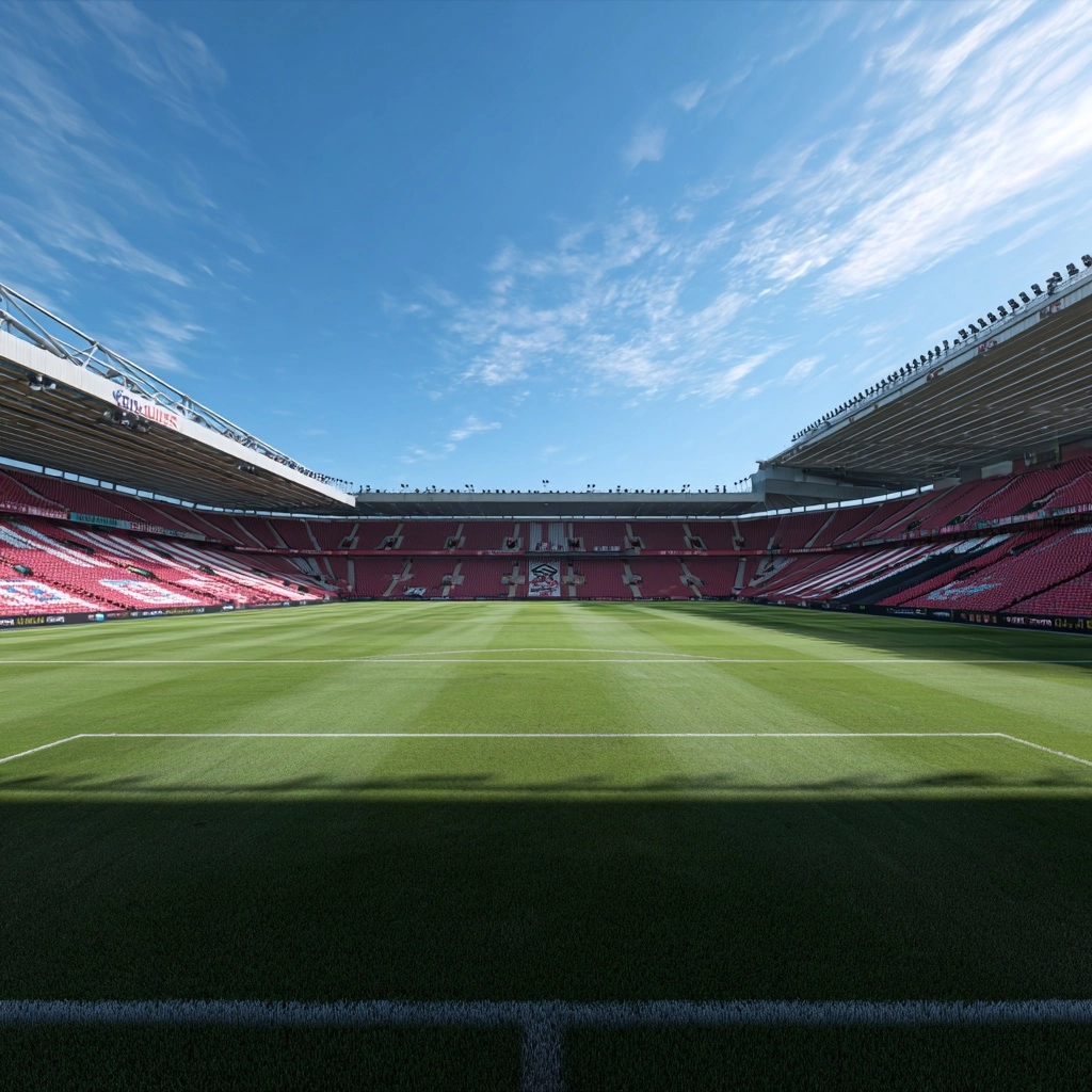 Southampton's St. Mary's Stadium on a blue sky day, green grass, red stands