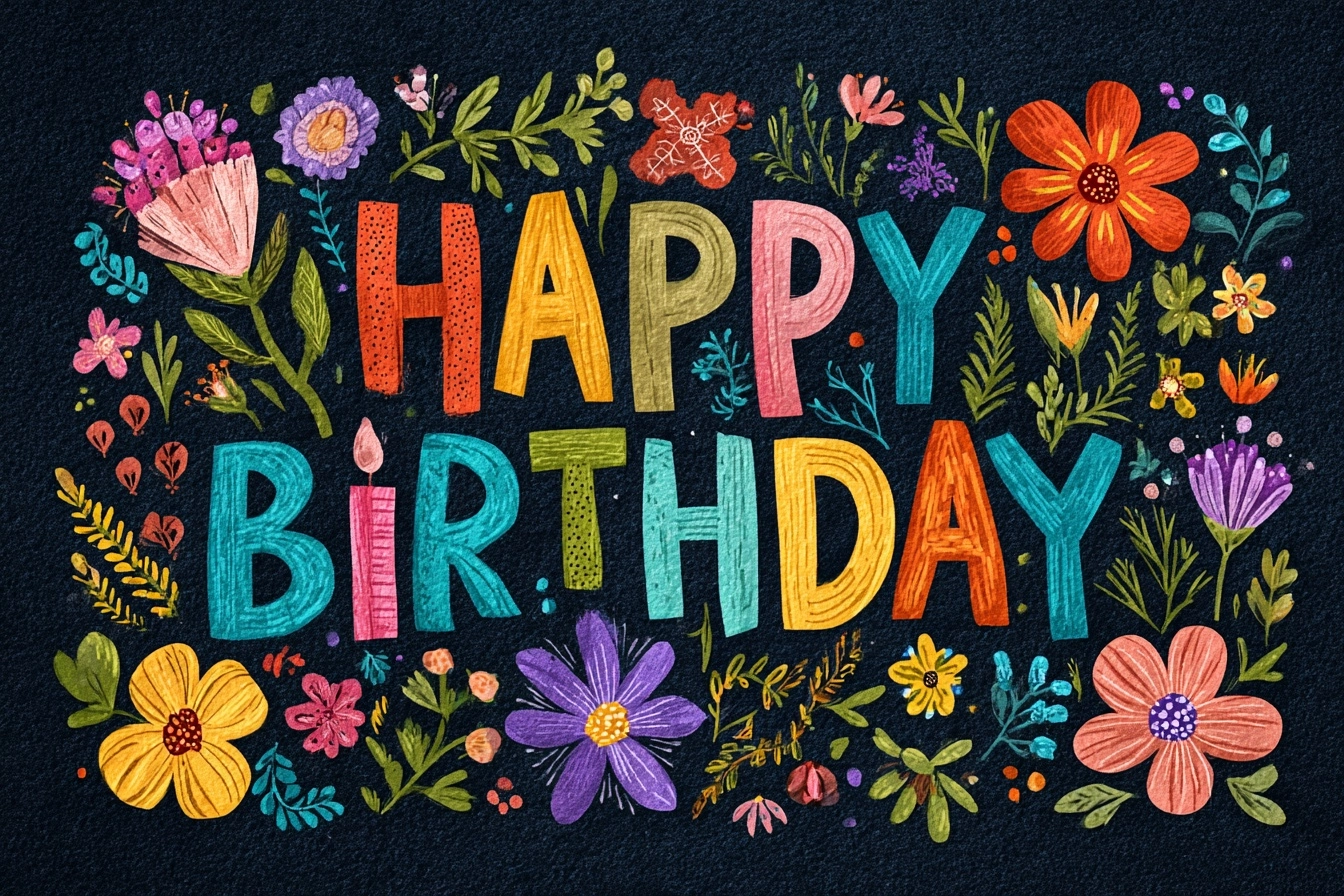 Colorful illustration of the text "happy birthday" in bold letters