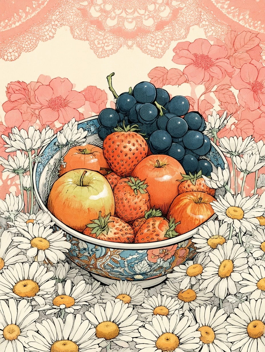 Watercolor Fruit Bowl with Daisies and Lace