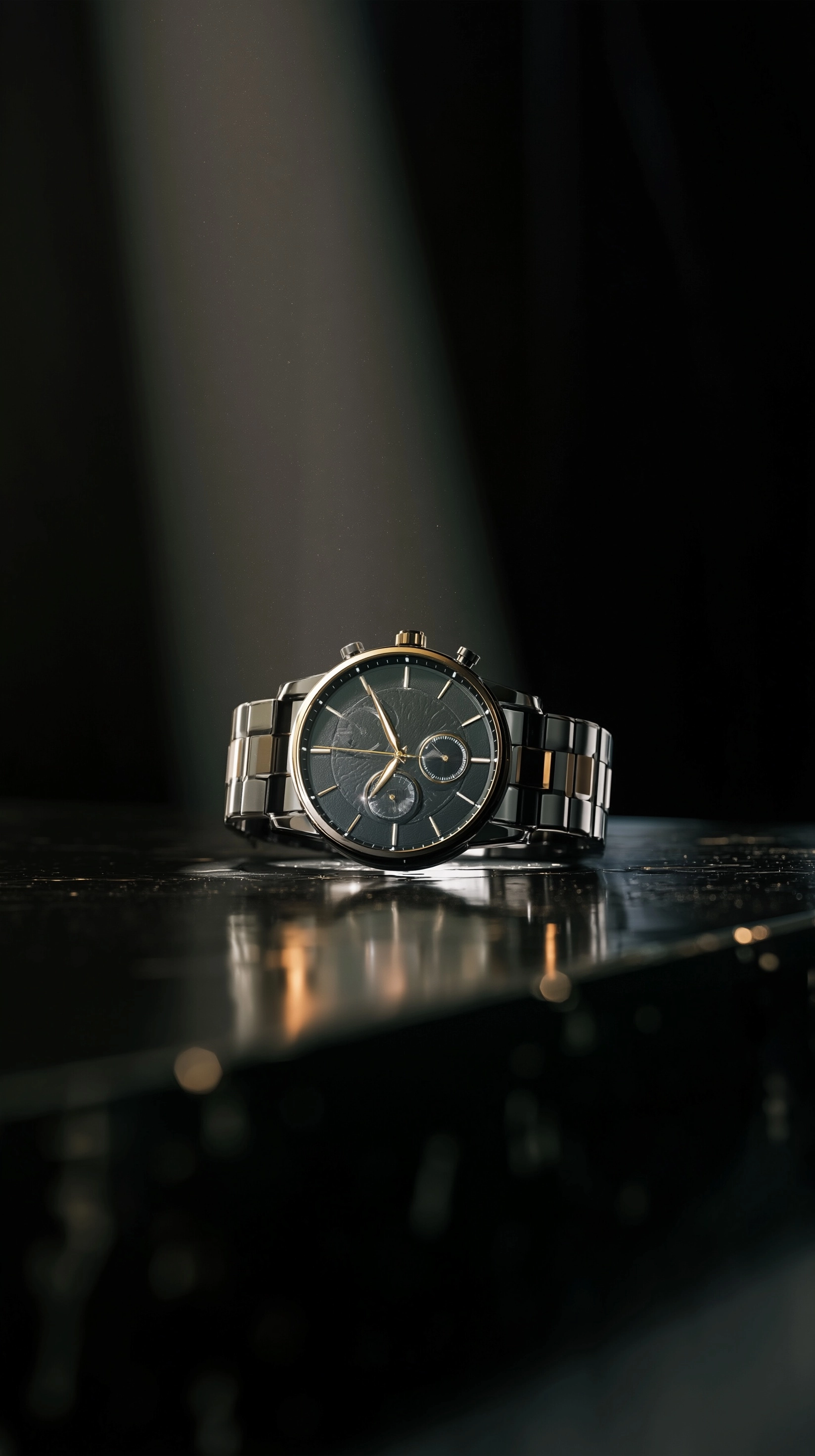 Ultra luxury wrist watch, black background, dramatic spotlight from top, deep shadows