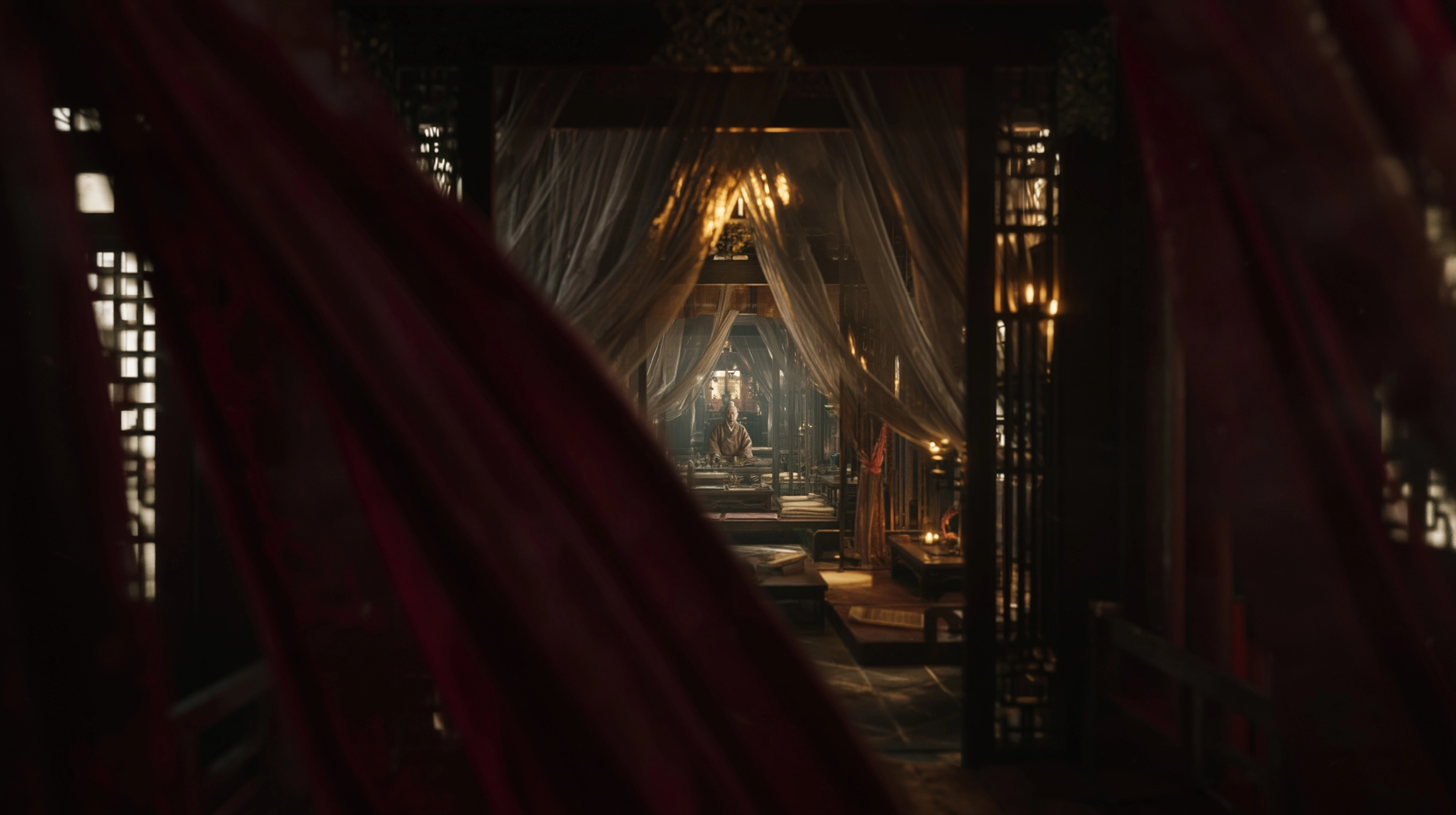 Ultra realistic cinematic scene, dark oriental aesthetic, high contrast, deep layered composition