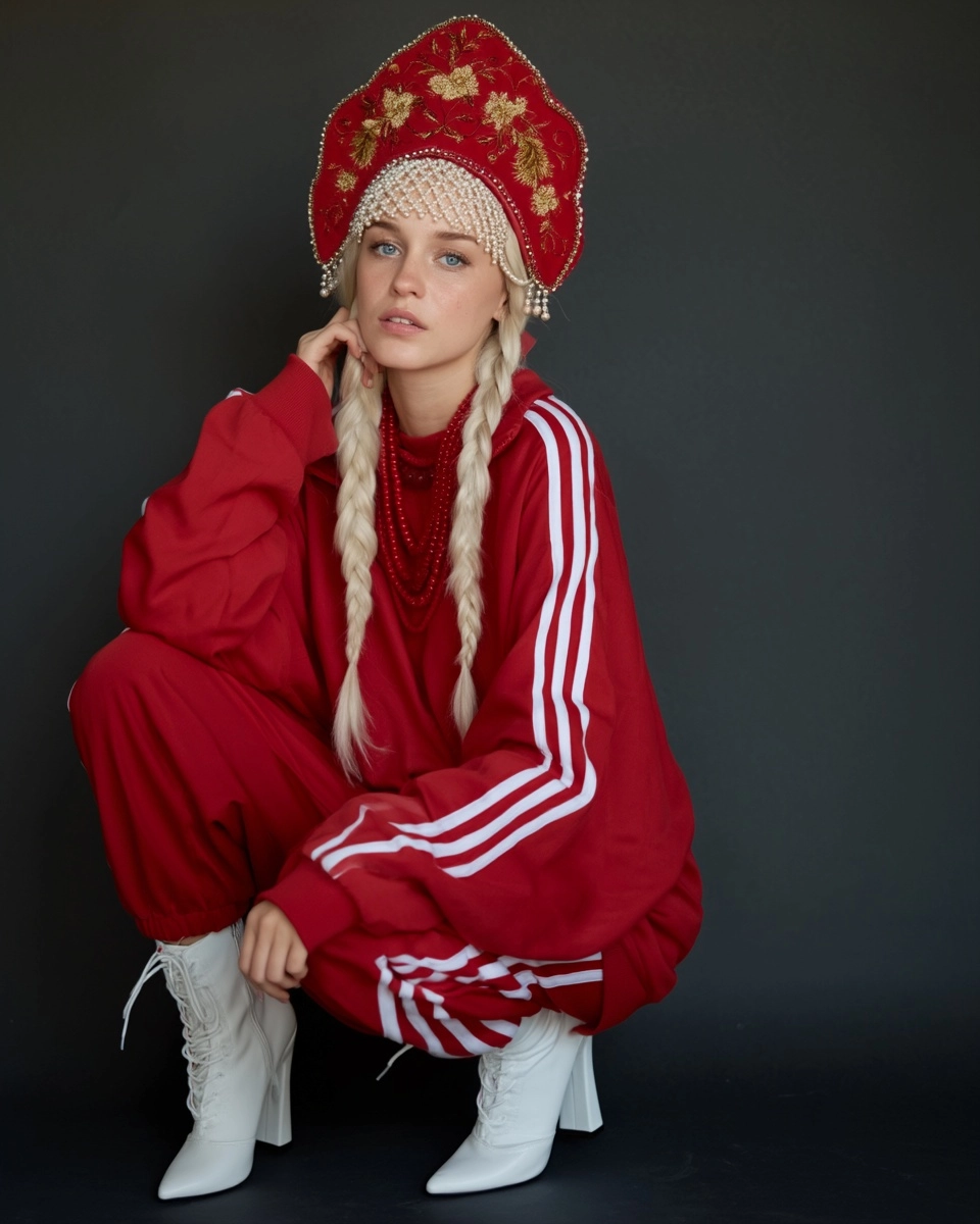 Ultra realistic full body fashion model, young Slavic woman, platinum blonde twin braids
