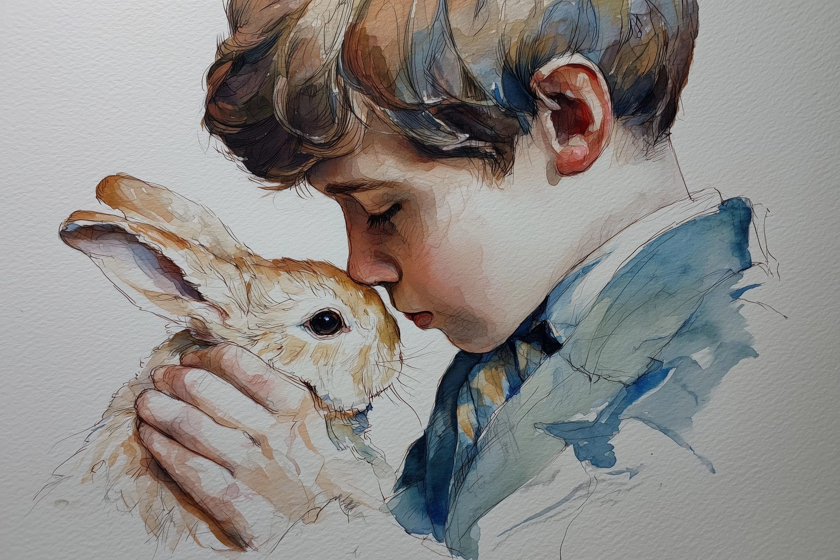 Watercolor tonny holding a little cute bunny, kissing bunny nose