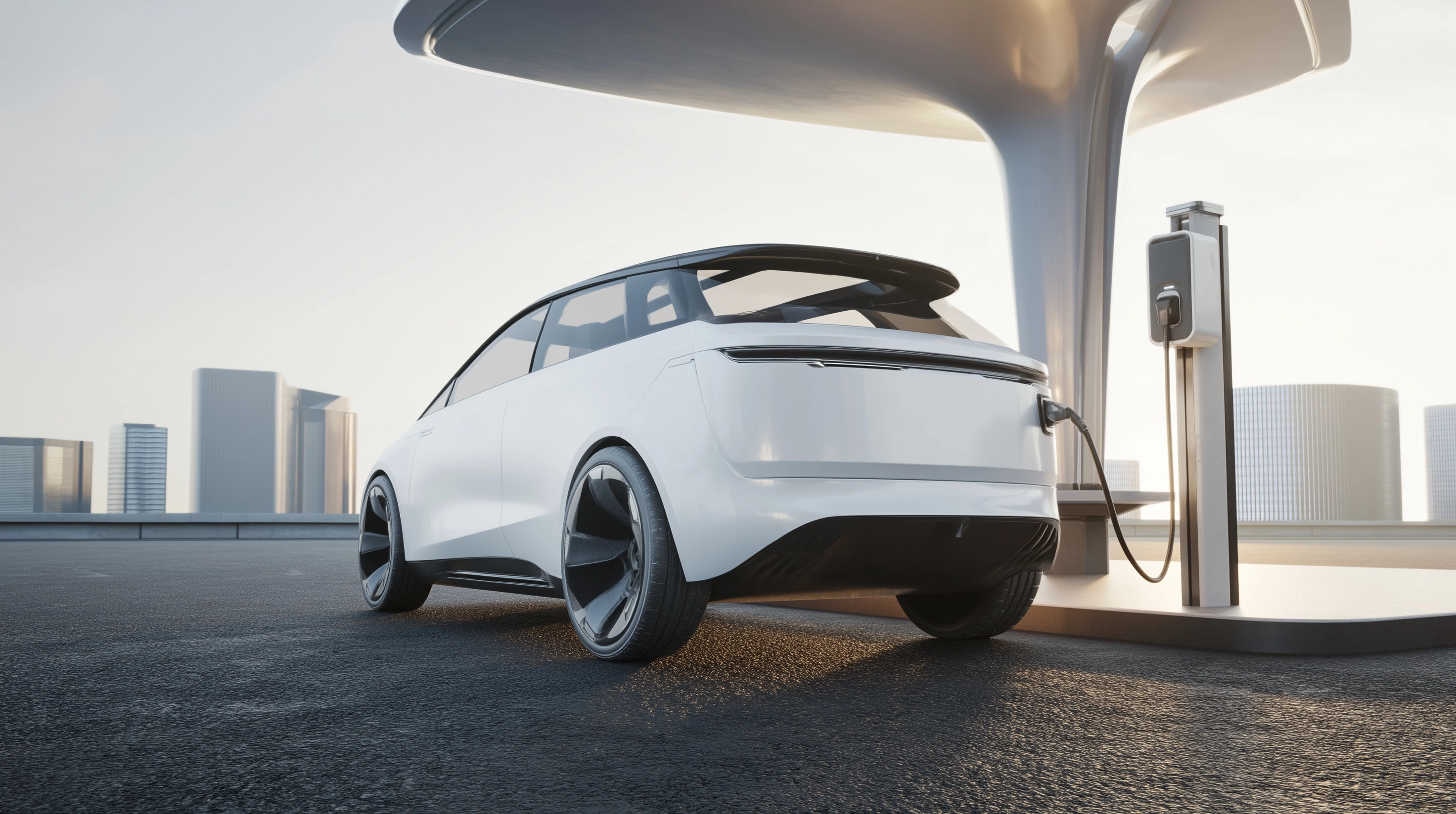White near-future electric vehicle, heroic rear hero shot, very low ground-level camera