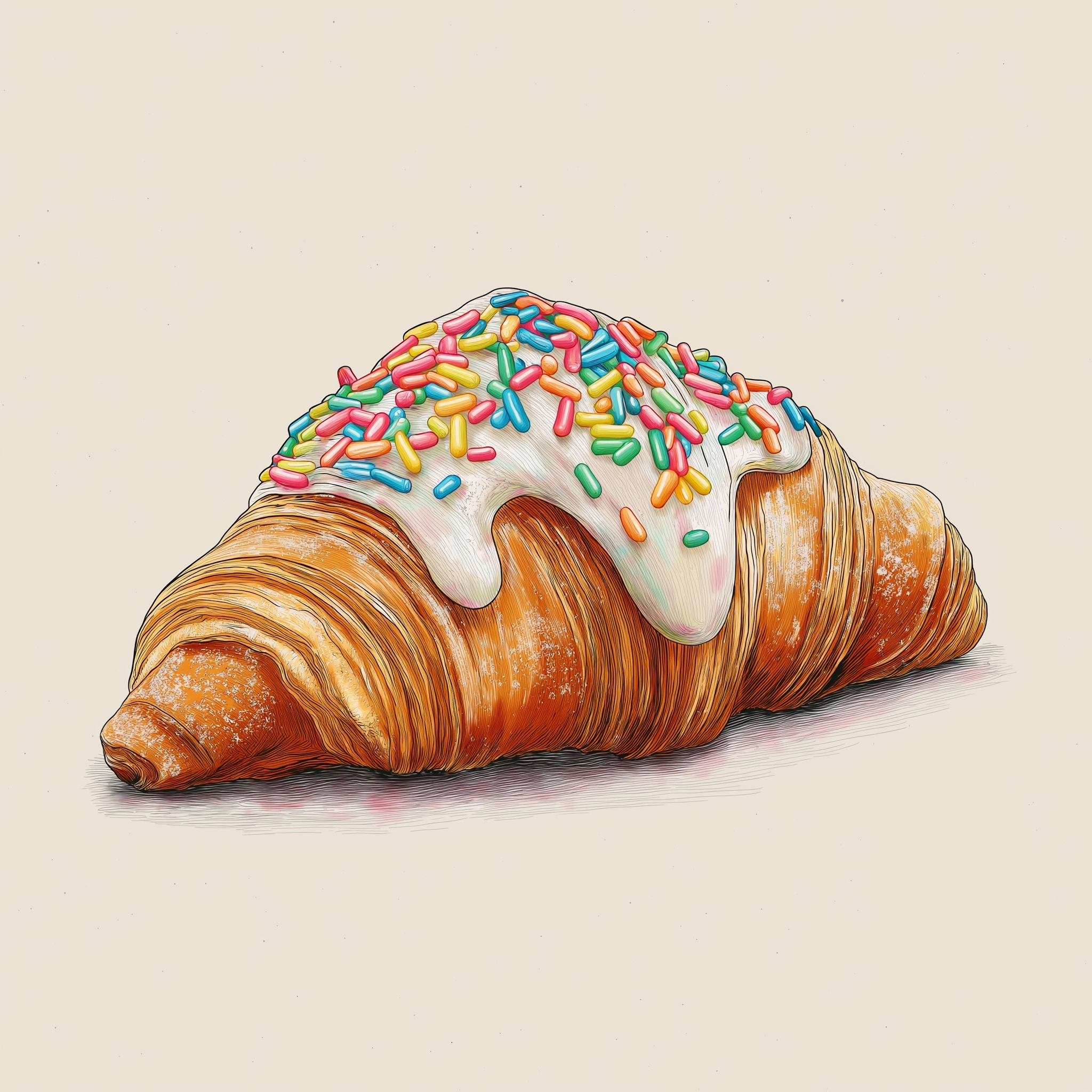 Hand-drawn food illustration of a single croissant on a plain white background. Side view