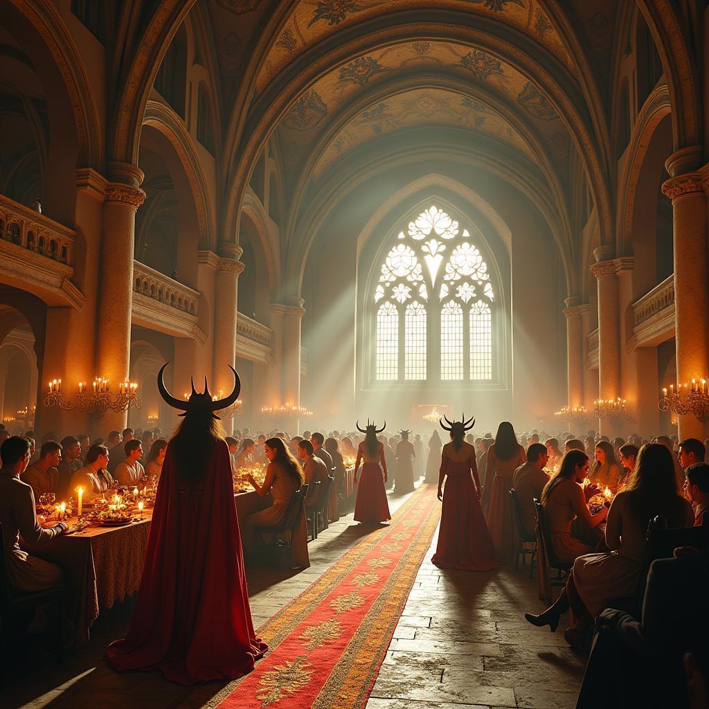 Horned Revelers Feasting in a Medieval Hall