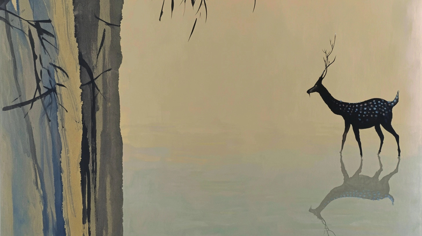 Sacred encounter with the nine-colored deer in traditional Chinese ink wash style