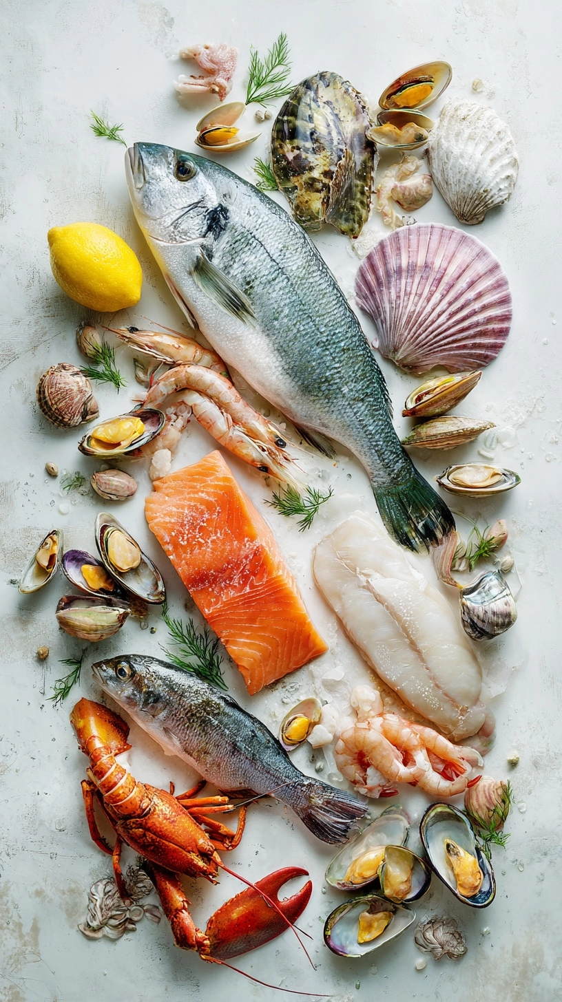 Ultra realistic top-down flat lay of fresh raw seafood on a clean pure white background