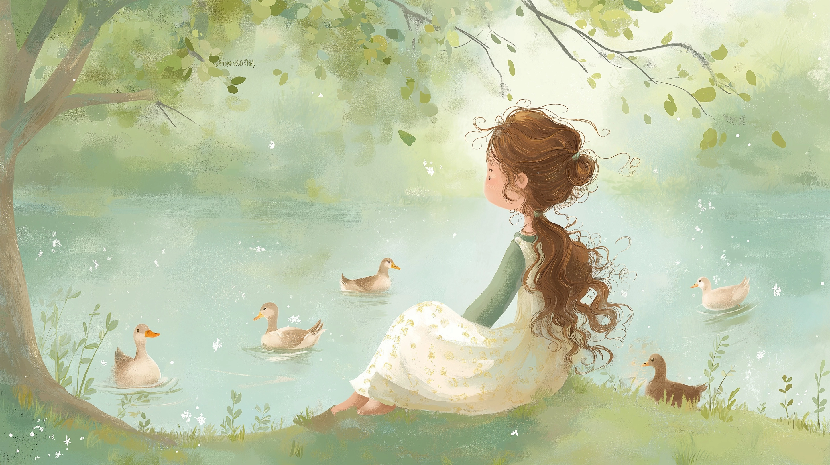 Whimsical storybook illustration of a very young girl with long curly brown hair in a ponytail sitti