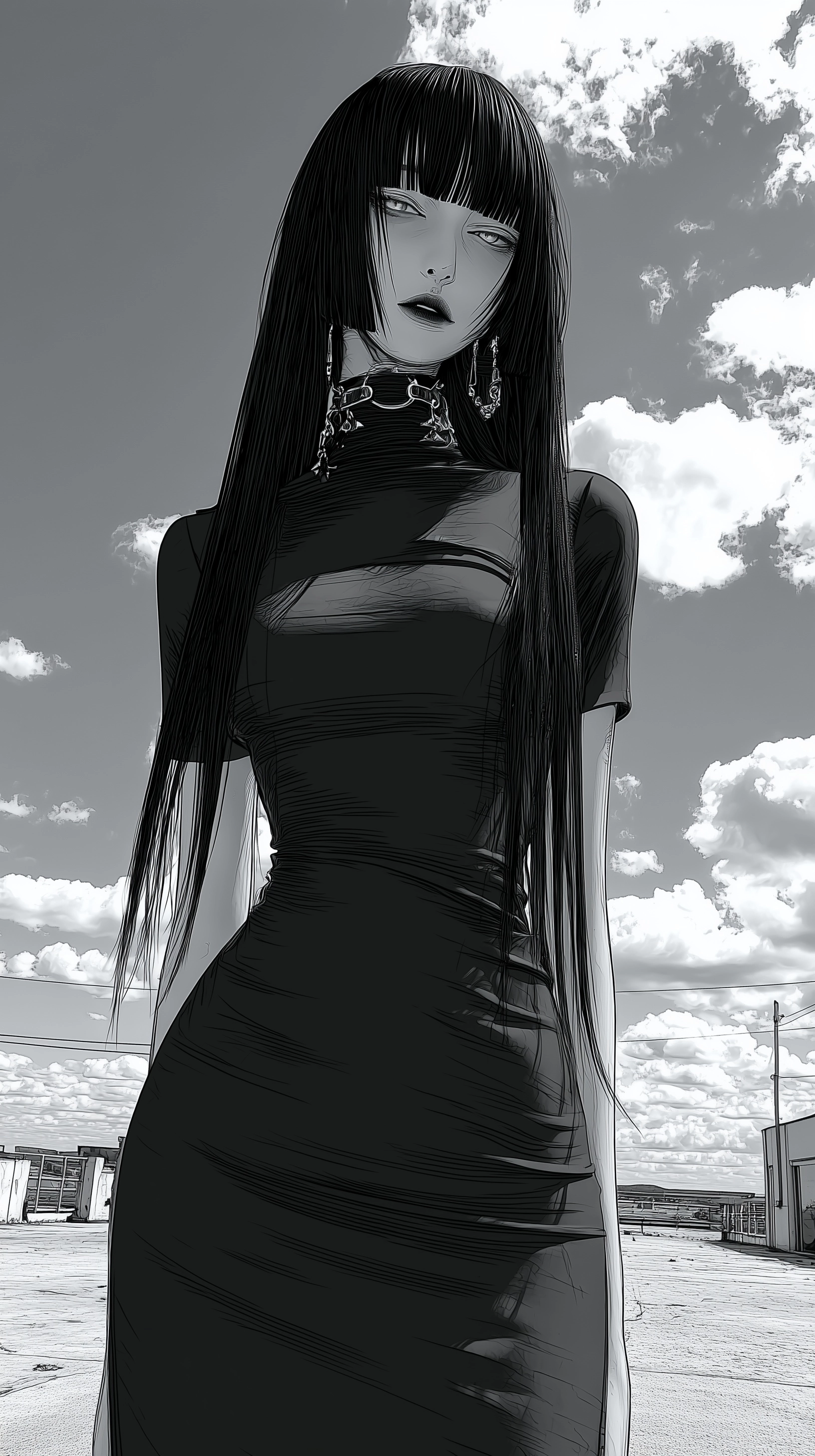 Long straight hair, bangs covering the eyes, slender figure, fair skin, heavy makeup