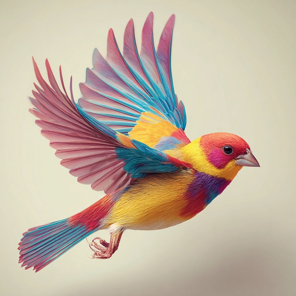 Colorful bird flying towards the camera infront of a blank background