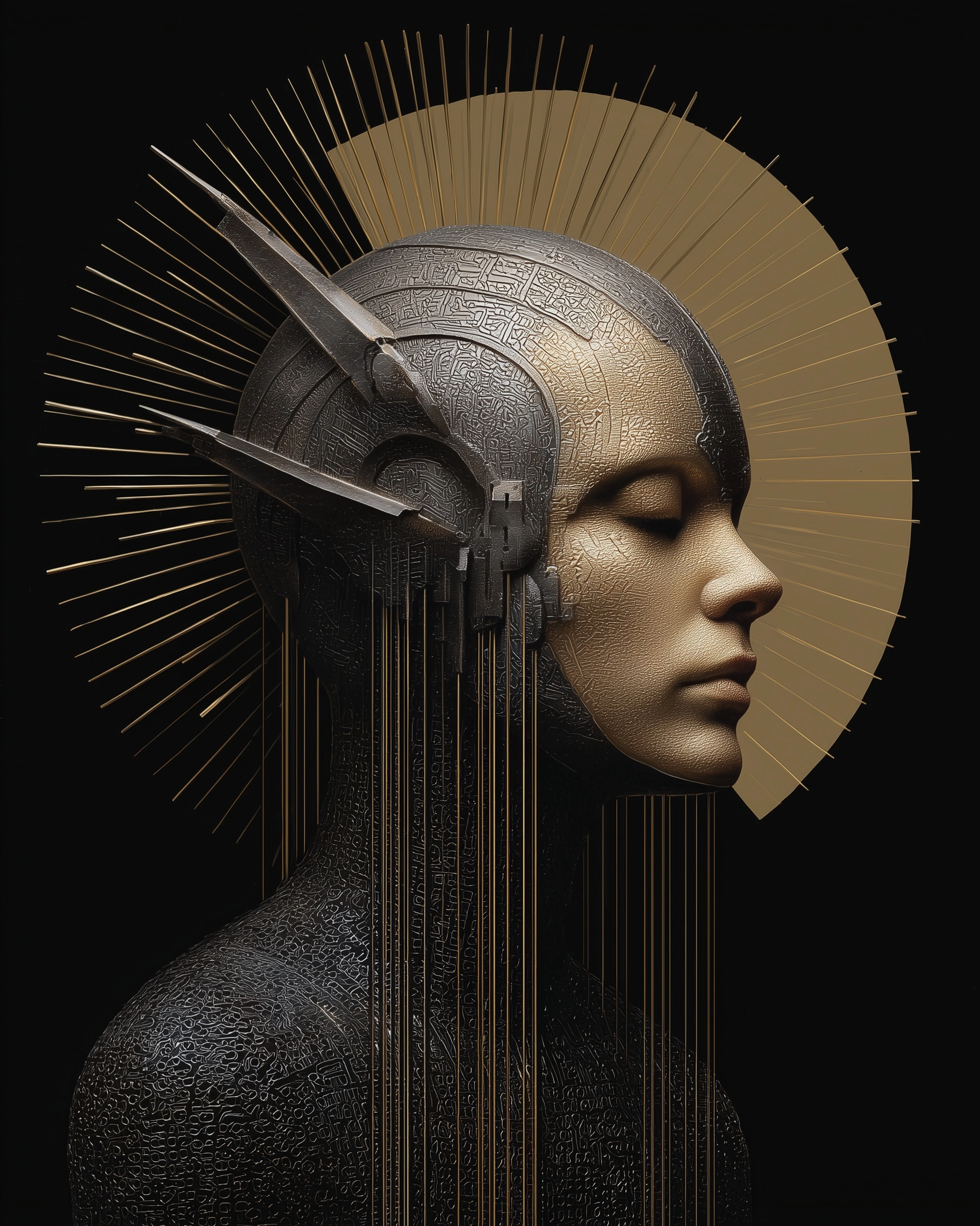 Dystopian wonderland, glowing accents, shiny metal, cyber warrior portrait