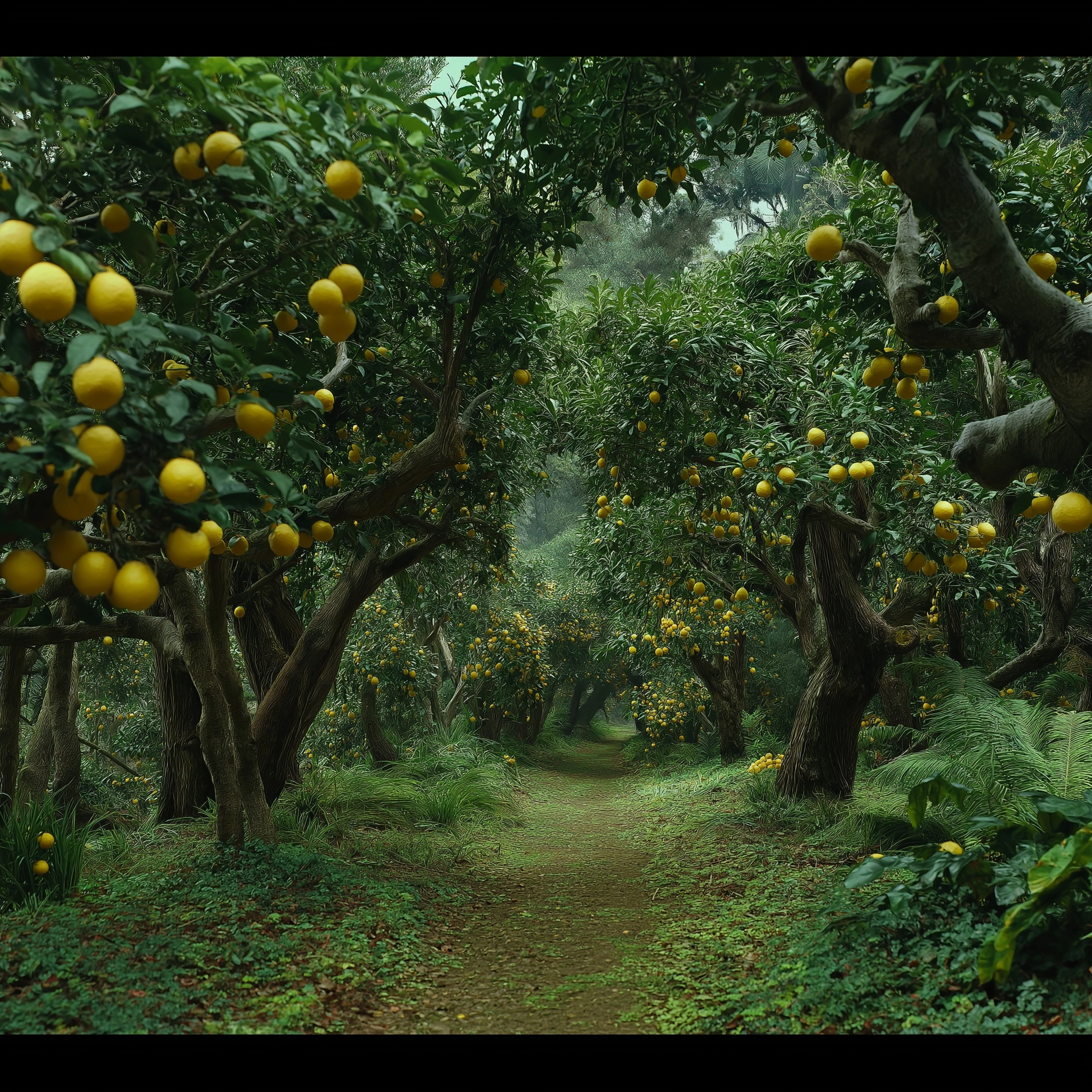 Huge lemon trees on a forest , jungle , like malick film, super realistic