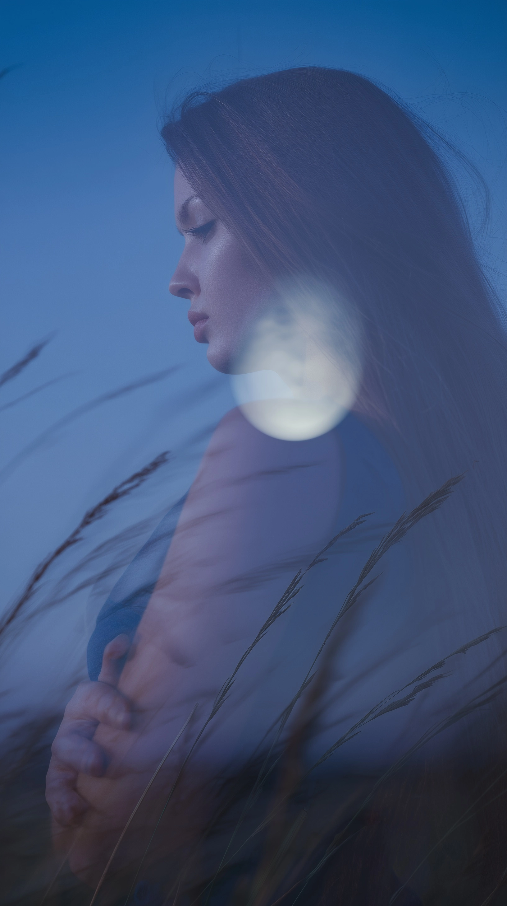 Photorealistic editorial double exposure portrait, soft side silhouette of a modern Polish woman aro