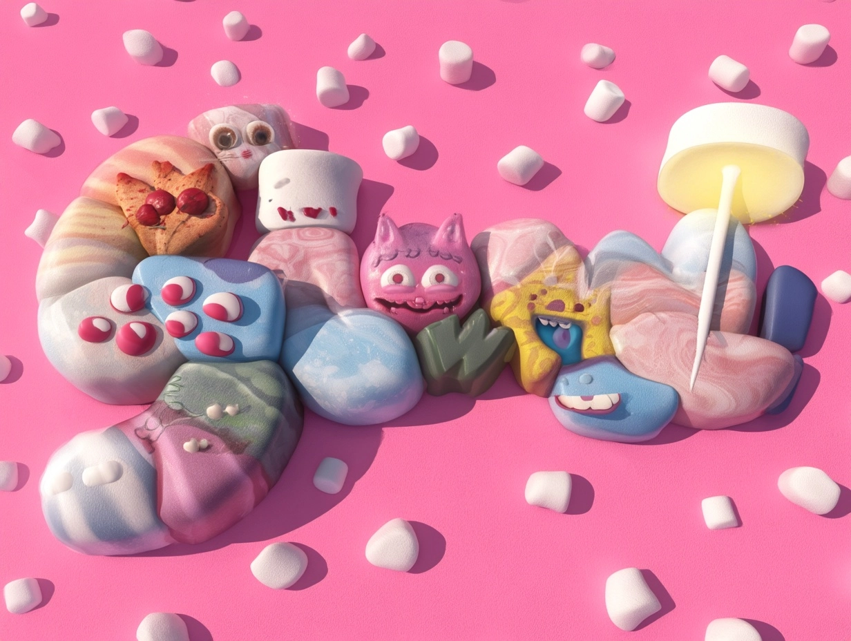 Whimsical lettering, bold letters, text "Glow", made from marshmallows, pink color pallette