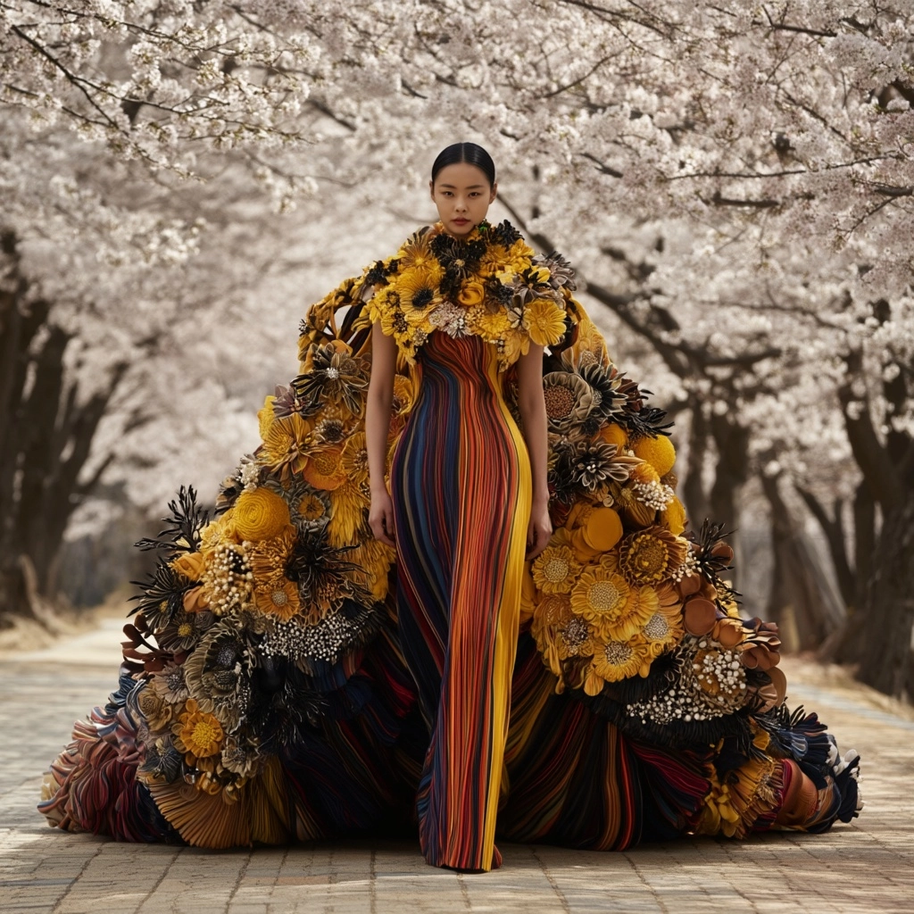 Avant-Garde Floral Couture on a Cherry Blossom Path