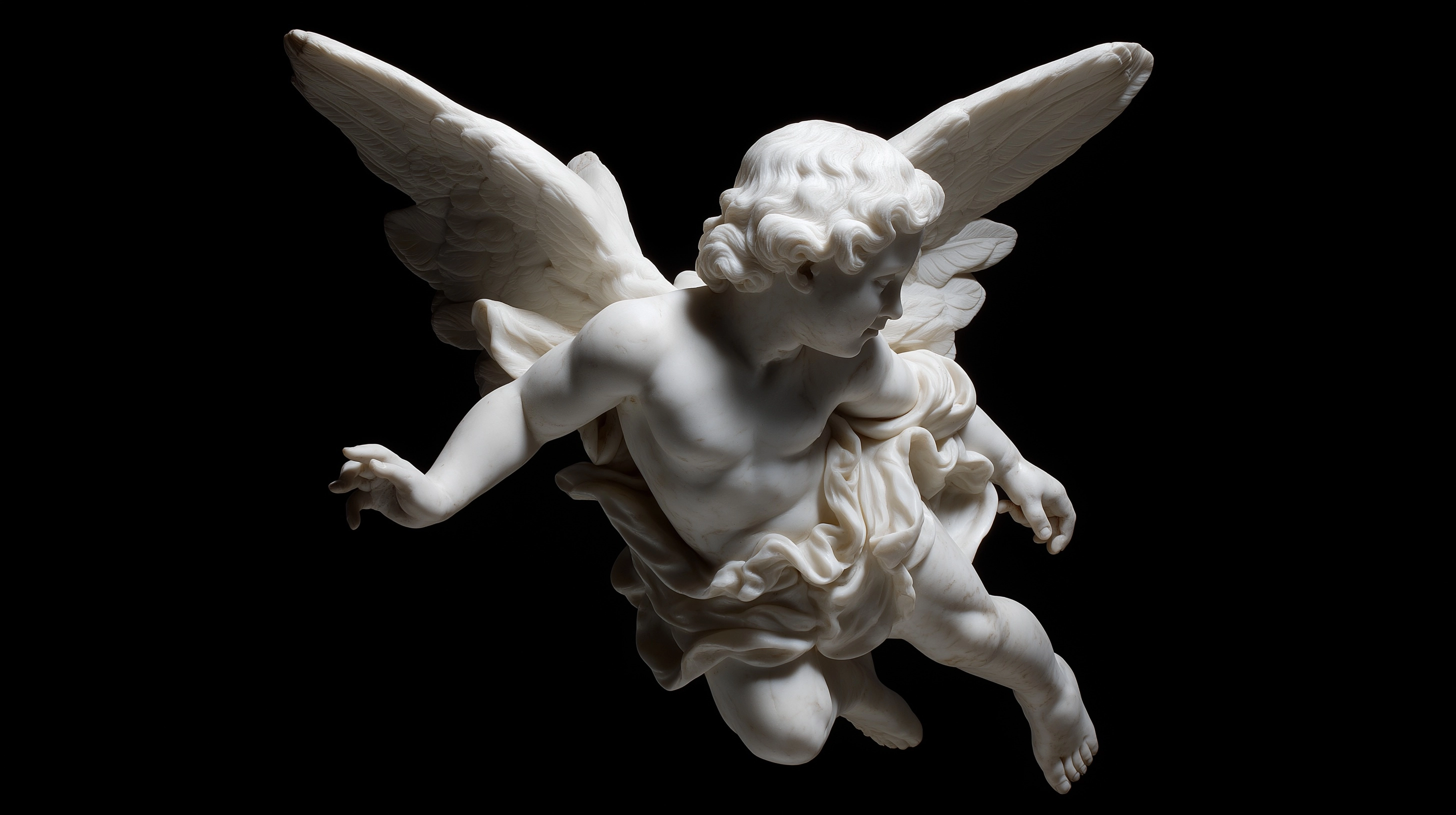 A flying cupid, made of marble, full-body image, black background, photograph, studio lighting.